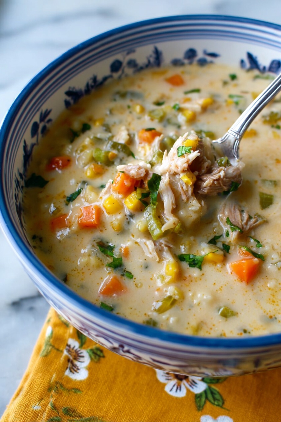 Lemon Chicken & Spaetzle Soup, lemon chicken soup, spaetzle soup recipes, bright creamy chicken soup, cozy lemon chicken dish - The image shows a close-up of a white bowl with blue designs filled with a thick soup that has a creamy light beige base. The soup includes small soft pieces of orange carrot, light green celery, green herbs, and shredded light-colored meat mixed throughout. A metal spoon is partially inside the bowl on the right side, lifting some soup. The bowl is placed on a white marbled surface with a yellow cloth with a floral pattern next to it. Photo taken with an iphone --ar 2:3 --v 7