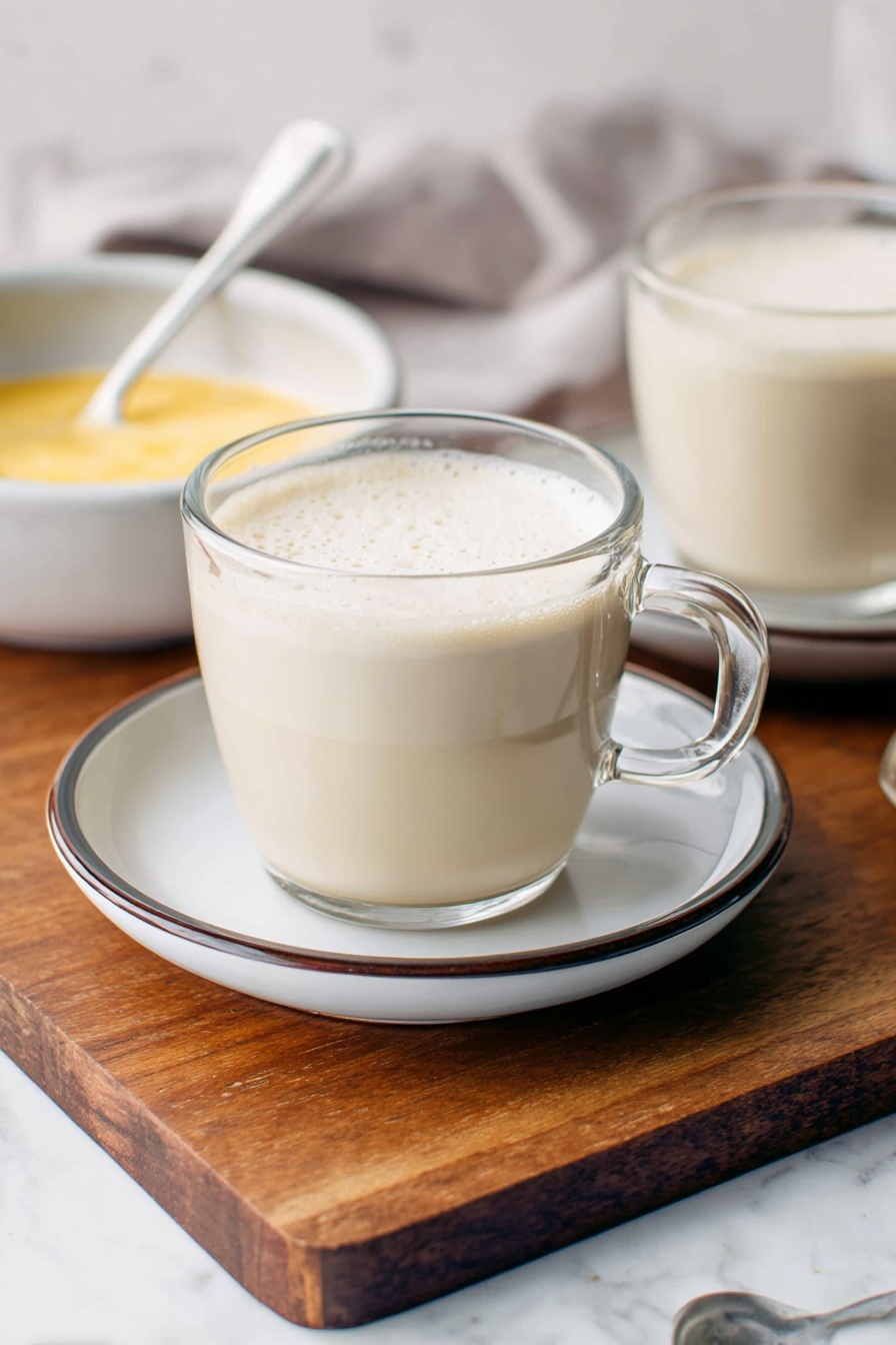 Vegan White Hot Chocolate, dairy-free white hot chocolate, vegan hot chocolate recipe, creamy vegan hot chocolate, vegan warm winter drinks - A clear glass cup filled with light beige frothy milk tea sits on a white saucer with a thin dark rim, resting on a wooden board. The cup has a clear handle on the right side. In the background, there is another similar cup and a bowl with a creamy yellow substance, along with a metal spoon placed inside it. The surface beneath the wooden board is a white marble texture. photo taken with an iphone --ar 2:3 --v 7