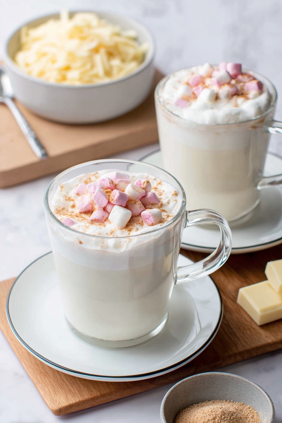 Vegan White Hot Chocolate, dairy-free white hot chocolate, vegan hot chocolate recipe, creamy vegan hot chocolate, vegan warm winter drinks - There are two clear glass mugs filled with white creamy hot drinks, each topped with a thick layer of white foam. On top of the foam, there is a mix of small pink and white marshmallows, with a light dusting of brown powder. Each mug sits on a white plate with a thin black rim. In the background, on a wooden board, there is a white bowl filled with shredded light yellow chocolate and a silver spoon resting inside. Next to it is a small gray bowl containing a fine light brown powder, and a piece of white chocolate nearby. The whole scene is set on a white marbled surface. Photo taken with an iphone --ar 2:3 --v 7