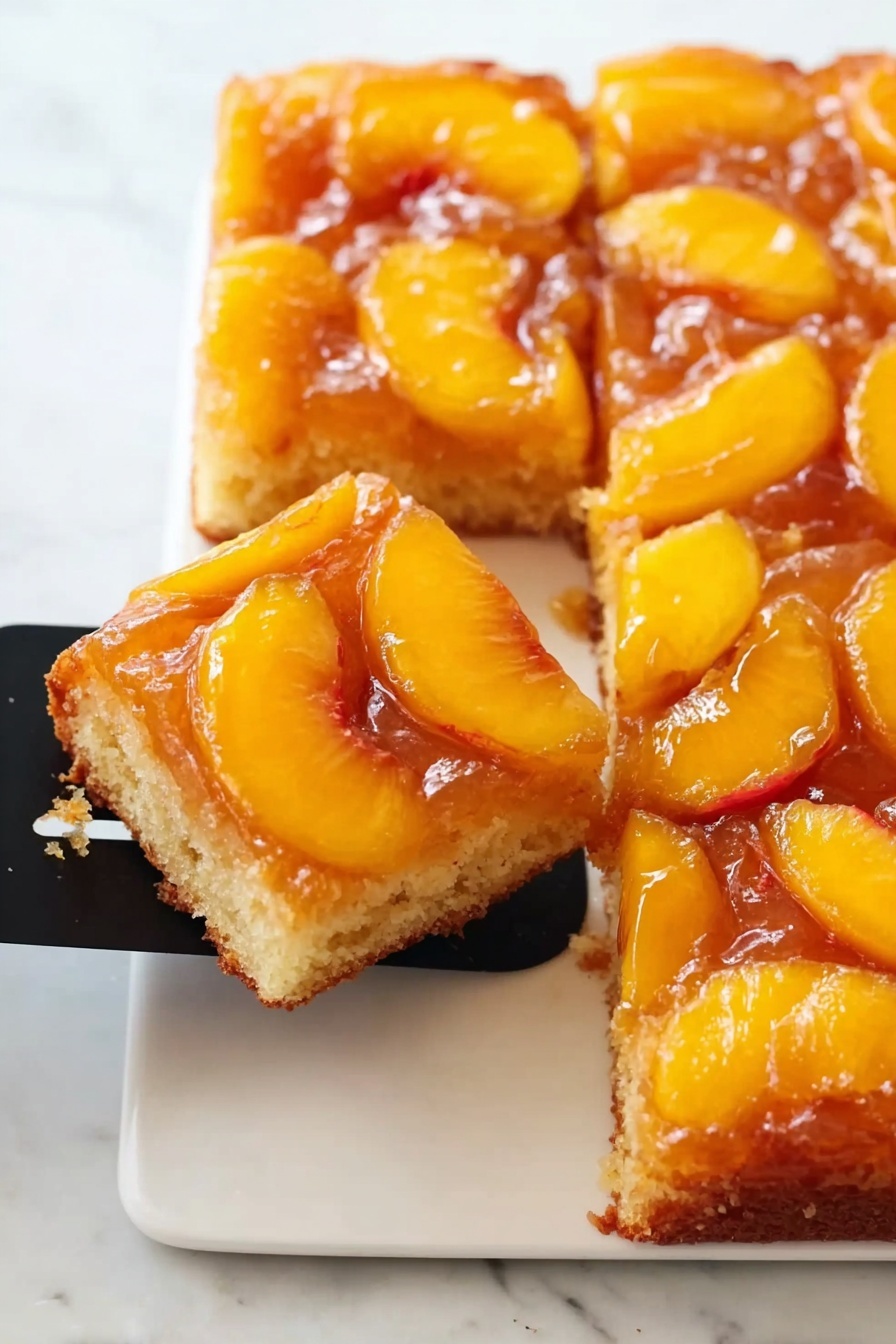 Peach Upside-Down Cake, Peach Cake Recipe, Summer Fruit Desserts, Caramelized Peach Cake, Easy Peach Dessert - The image shows a square peach tart with a single thin crust layer, topped with many peach slices arranged in overlapping rows, each peach slice having a yellow and orange color with soft texture. Thick white cream or icing is drizzled diagonally over the peaches in wide stripes. Fresh green mint leaves are scattered mostly in the center on top of the cream, adding a bright contrast. The tart is placed on a white marbled surface surrounded by three whole peaches with fuzzy skin and several green leafy sprigs. Photo taken with an iphone --ar 2:3 --v 7