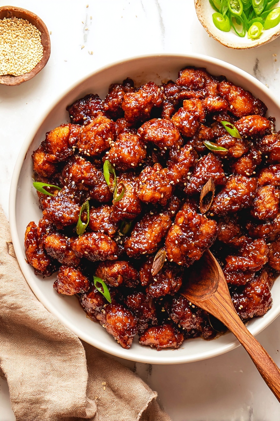 Sticky Honey Lemon Chicken, honey lemon chicken, lemon chicken recipe, crispy honey lemon chicken, easy chicken dinner - A white bowl filled with many small pieces of dark brown fried chicken coated in a shiny, sticky sauce. The chicken pieces look crispy with a rich glaze that makes them glossy. A wooden spoon rests inside the bowl, partially covered by chicken pieces. Around the bowl, there are small dishes with sliced green onions and sesame seeds on a white marbled surface. A light brown cloth napkin is placed near the bowl. Photo taken with an iphone --ar 2:3 --v 7