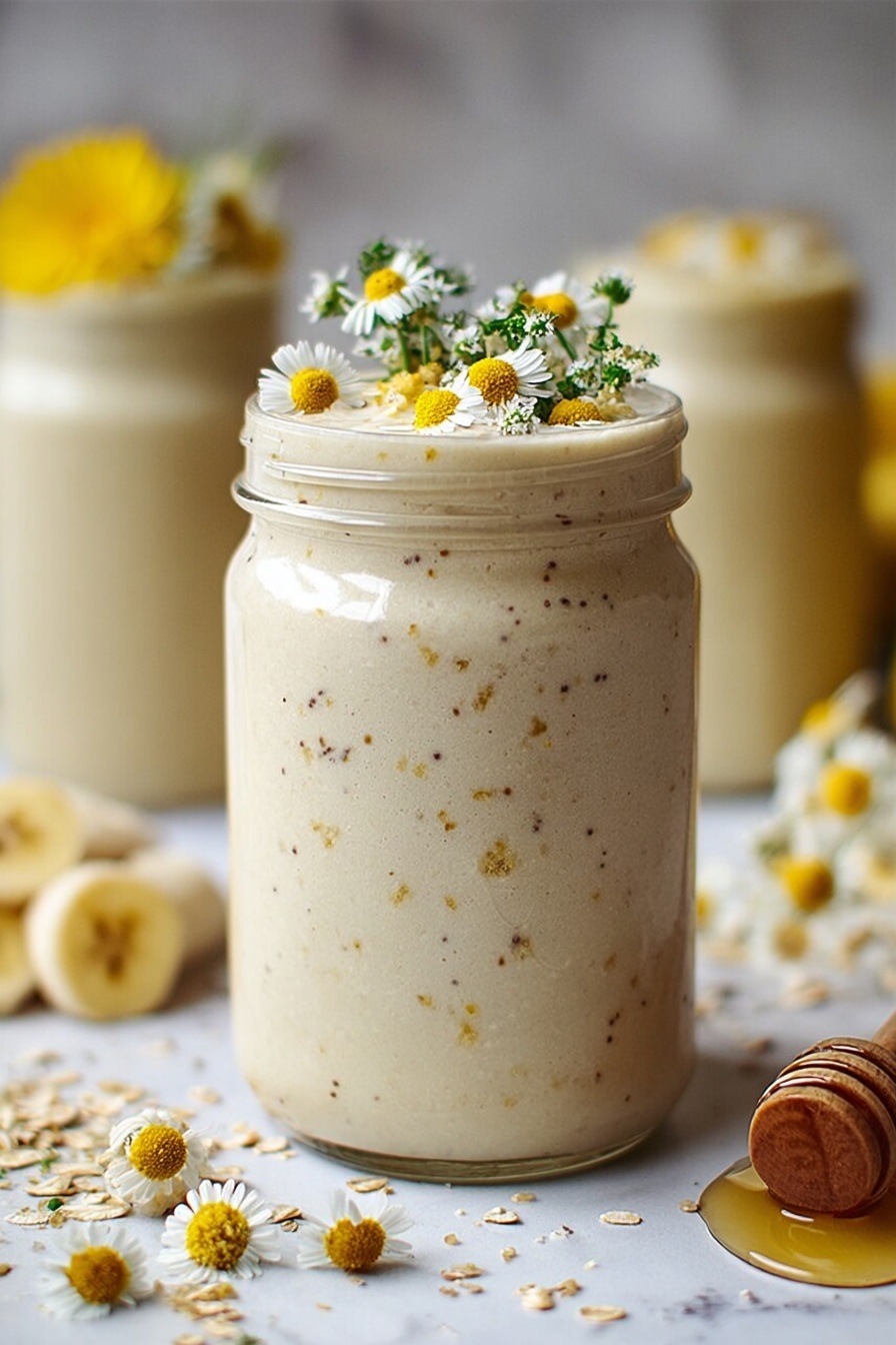 Banana Chamomile Tea Smoothie, calming smoothie with banana and chamomile, healthy banana chamomile drink, soothing fruit smoothie, floral tea banana smoothie - A clear glass jar filled with a creamy, light beige smoothie, with small granola pieces mixed inside. The top layer is decorated with three banana slices, each with a small yellow flower on top, and a sprinkle of granola around the banana slices. The jar is set on a white marbled surface, with blurred daisy-like flowers and another jar in the light background. photo taken with an iphone --ar 2:3 --v 7