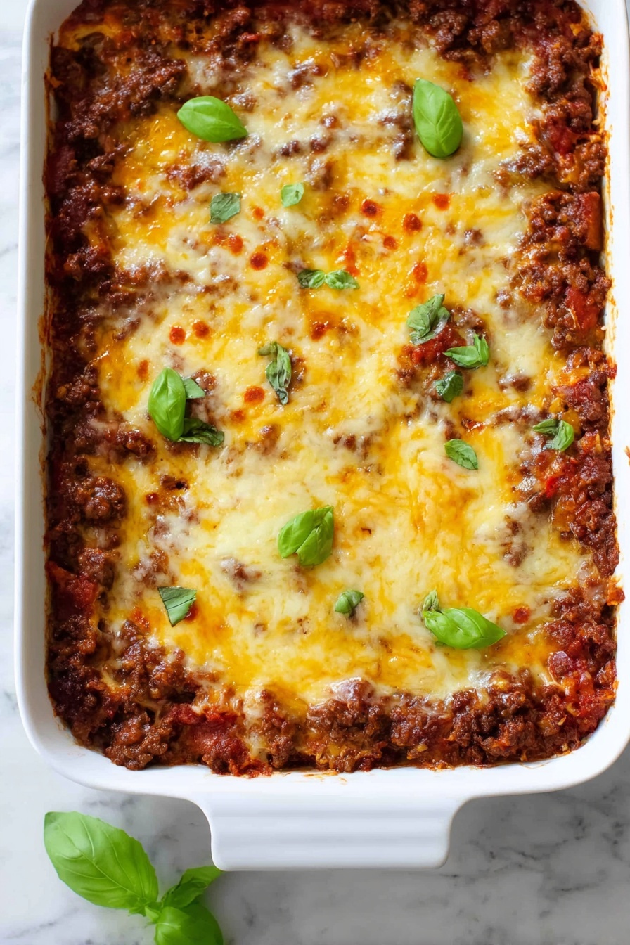 Zucchini Pizza Casserole, zucchini casserole recipes, healthy pizza casserole, easy zucchini bake, cheesy zucchini casserole - The image shows a white rectangular baking dish filled with a layered casserole. The top layer is golden yellow melted cheese with some browned spots and a few green basil leaves scattered on top for garnish. Beneath the cheese, you can see visible layers of dark brown cooked ground meat mixed with tomato sauce, giving a rich red and brown texture. The dish sits on a white marbled surface with a small green basil leaf placed near the bottom edge of the dish. photo taken with an iphone --ar 2:3 --v 7