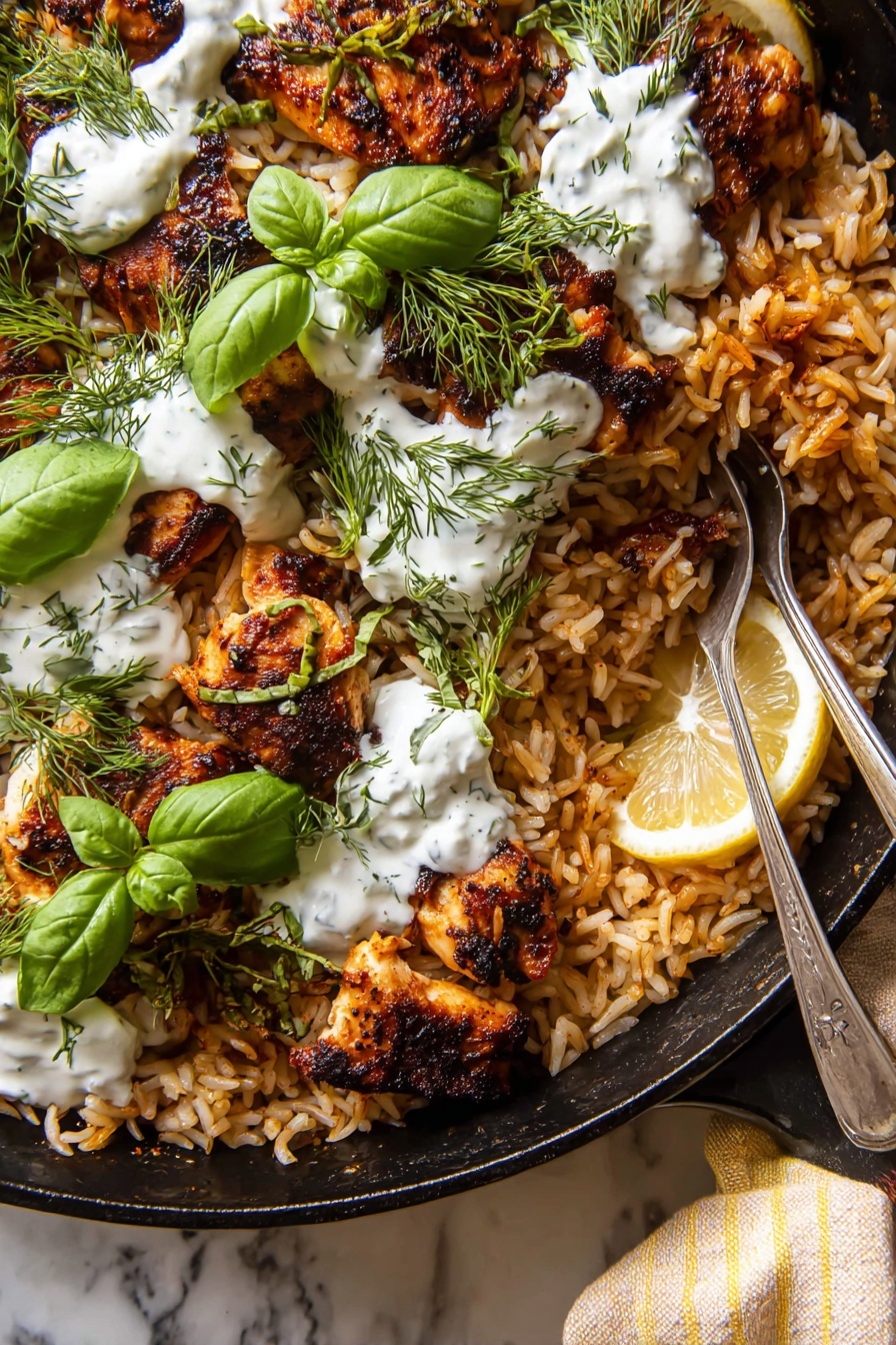 One-Pan Tzatziki Chicken and Orzo, Tzatziki Chicken with Orzo, Easy Greek Chicken Skillet, Weeknight Chicken Dinner, Simple One-Pan Chicken Recipe - A close-up top view of a black cast iron pan filled with three layers: the bottom layer is golden brown rice with some grains scattered unevenly; the middle layer consists of several pieces of browned grilled chicken with a slightly crispy texture; the top layer shows bright green fresh basil leaves and small dill sprigs scattered across, along with dollops of white creamy sauce unevenly spread. A thin lemon slice is tucked among the rice and chicken near the bottom right. A silver fork partially rests on the chicken in the upper right area. The pan is placed on a white marbled surface with a soft beige and yellow striped cloth visible on the bottom right corner. Photo taken with an iphone --ar 2:3 --v 7