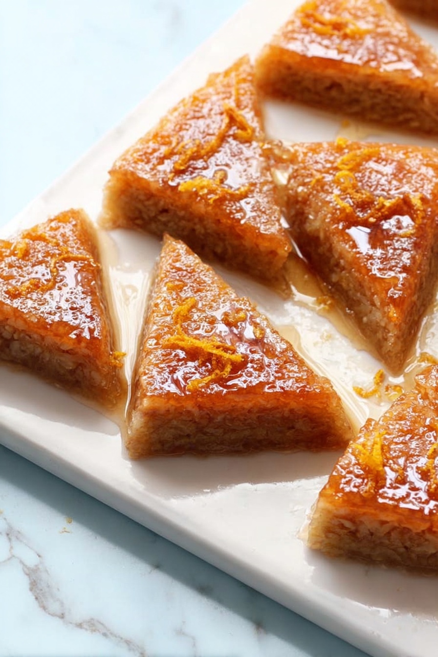 Gluten-Free Greek Honey Cake, gluten-free honey cake, Greek honey cake recipe, moist gluten-free cake, honey glaze cake - The image shows a single slice of a dense, nut-filled dessert with a golden brown top layer that looks moist and sticky, placed on a white plate with a slightly decorative edge. The slice is garnished with thin, curly orange peels on top, and the plate has small drizzles of syrup around the dessert. A fork and knife rest above the plate on a white marbled surface, with soft natural lighting highlighting the texture and color of the dessert. photo taken with an iphone --ar 2:3 --v 7