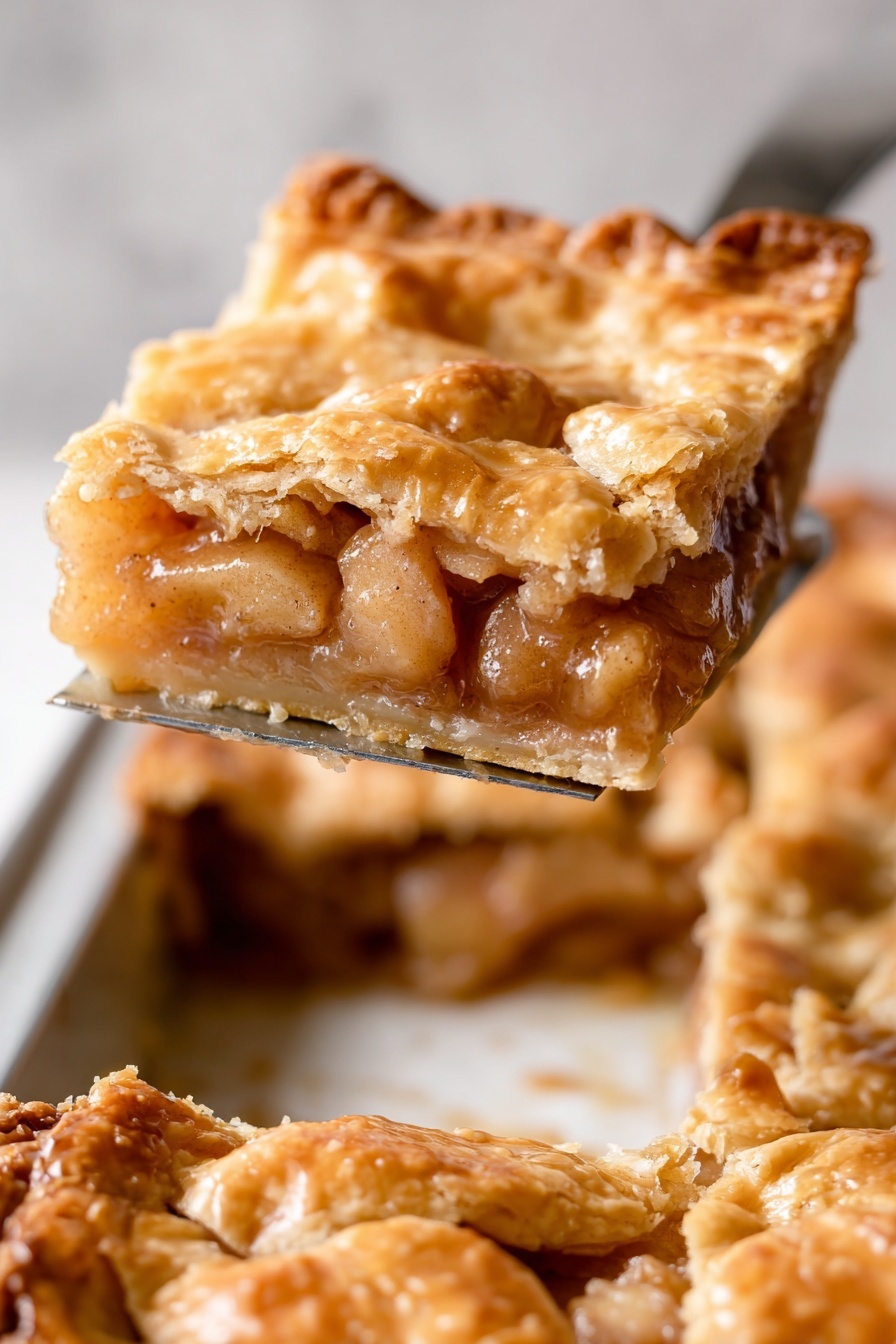 Apple Slab Pie, apple slab pie recipe, fall dessert ideas, easy apple pie, sheet pan apple pie - This image shows a close-up of a square slice of apple pie lifted with a spatula above a white marbled surface. The slice has three main layers: a golden-brown, flaky crust on top with uneven edges and a slightly crispy texture, a thick middle layer filled with chunky cooked apple pieces in a light brown syrupy sauce, and a golden base crust that looks firm but soft. The background shows the rest of the pie still in a baking tray with the same golden crust, and the lighting highlights the pie’s warm colors and textures. Photo taken with an iphone --ar 2:3 --v 7