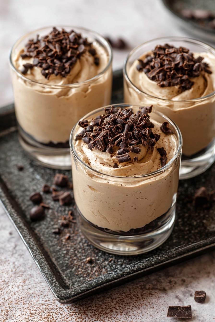 Coffee Mousse, Coffee Mousse Dessert, Easy Coffee Mousse, Creamy Coffee Dessert, Coffee Flavored Treats - Three clear glass cups are filled with a smooth, light brown creamy dessert. Each cup is topped with a generous pile of dark chocolate curls, adding texture and richness on top. The cups sit closely together on a dark textured tray which rests on a white marbled surface. The creamy dessert inside the cups shows soft swirls, giving it an airy, whipped look. Scattered chocolate curls around the tray add a casual touch. The overall scene is warm and inviting. photo taken with an iphone --ar 2:3 --v 7