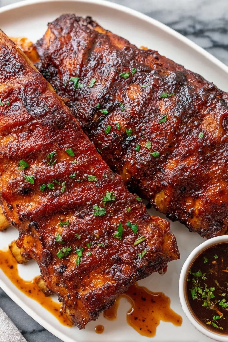 Crockpot Ribs, slow cooker ribs, easy ribs recipe, tender BBQ ribs, best crockpot ribs - A white plate holds two large racks of ribs with a shiny, dark reddish-brown sauce covering the entire surface. The ribs have a slightly charred texture with visible grill marks and are sprinkled with small pieces of green herbs. Some sauce drips onto the plate, adding a glossy and thick look. At the bottom right corner of the plate, there is a small white bowl filled with a dark dipping sauce, also topped with green herb bits. The plate is on a white marbled surface. photo taken with an iphone --ar 2:3 --v 7