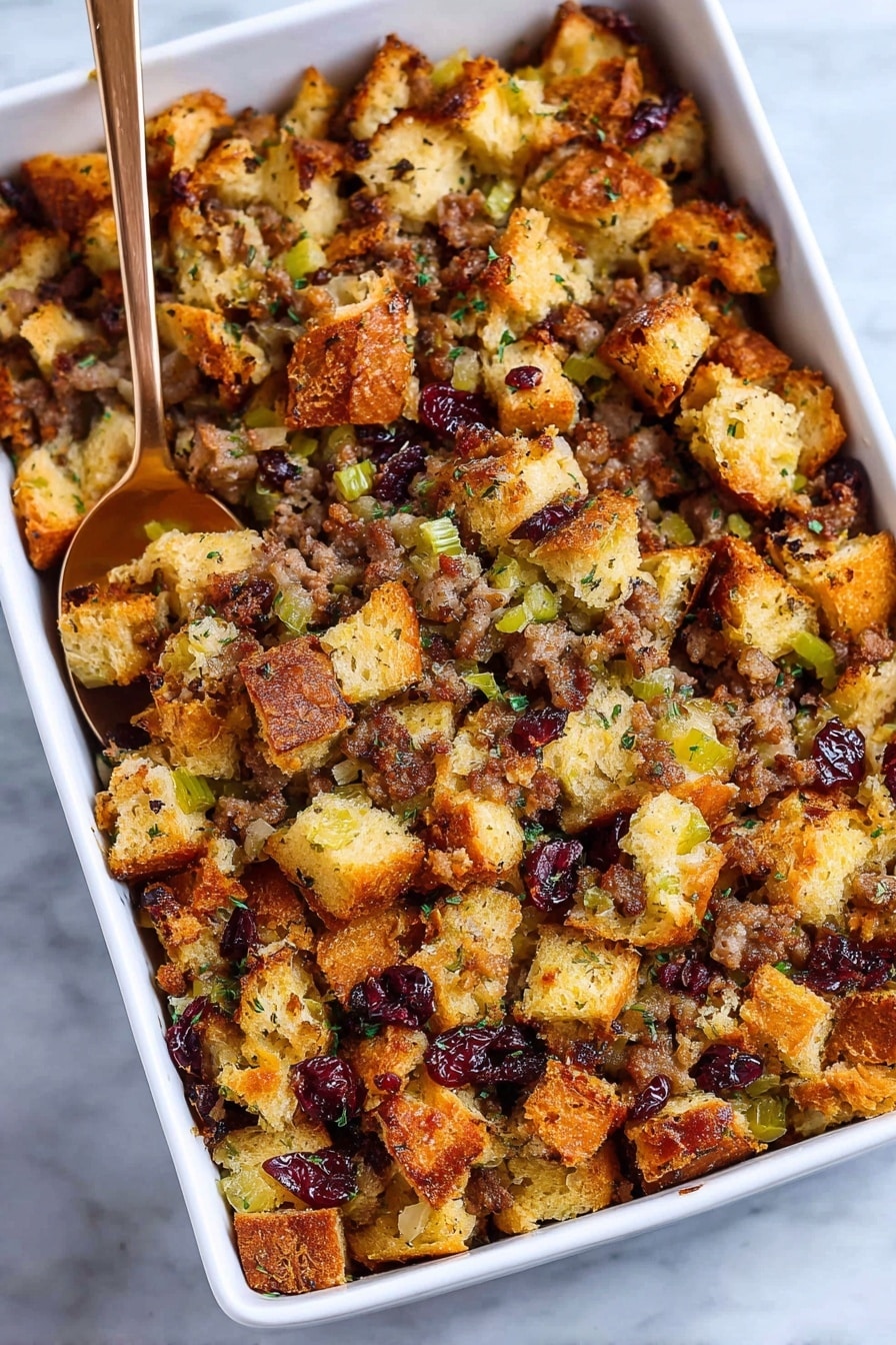Sausage and Herb Stuffing with Cranberries, festive stuffing recipe, holiday side dish, savory sausage stuffing, easy holiday stuffing - The dish is a baked stuffing served in a white rectangular baking dish, filled with multiple layers of cubed bread pieces that are golden brown and slightly crispy. Mixed throughout are small bits of browned sausage, green celery pieces, and dark red dried cranberries. The texture is a mix of soft and crunchy, with visible herbs sprinkled on top, adding a speckled green. A bronze spoon rests inside the dish slightly sunk into the stuffing, ready to serve, all sitting on a white marbled surface. photo taken with an iphone --ar 2:3 --v 7