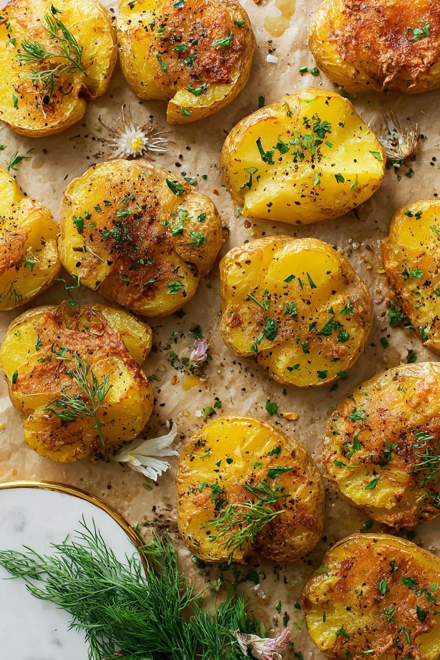 How to Make Smashed Potatoes, crispy smashed potatoes, easy smashed potato recipe, garlic smashed potatoes, roasted smashed potatoes - The image shows several golden brown smashed potatoes on a white marbled surface. Each potato is lightly crushed flat with rough edges and crispy skin. The top layer is a golden yellow with a slightly charred, crunchy texture. Fresh green herbs are sprinkled over the potatoes, adding a pop of color and freshness. The potatoes have tiny black pepper and seasoning specks on them. Around the potatoes, small crispy potato pieces are placed, creating a rustic look. photo taken with an iphone --ar 2:3 --v 7