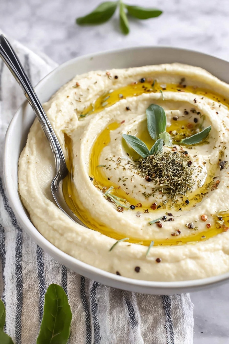 Cheesy Baked Mashed Potatoes, cheesy baked mashed potatoes, creamy cheesy mashed potatoes, baked potato side dish, comfort food mashed potatoes - A white bowl filled with a creamy, light beige puree that is swirled in a circular motion to create soft peaks and curves. The puree is topped with a golden-yellow layer of oil that pools in the swirls, sprinkled with small black pepper flakes and thin green herb bits. Three fresh green leaves are placed on top, one with a mound of dried herbs. A silver spoon with a black handle rests inside the bowl on the left side. The bowl sits on a white marbled surface with a soft striped cloth underneath, and a few green leaves are visible in the background. Photo taken with an iphone --ar 2:3 --v 7