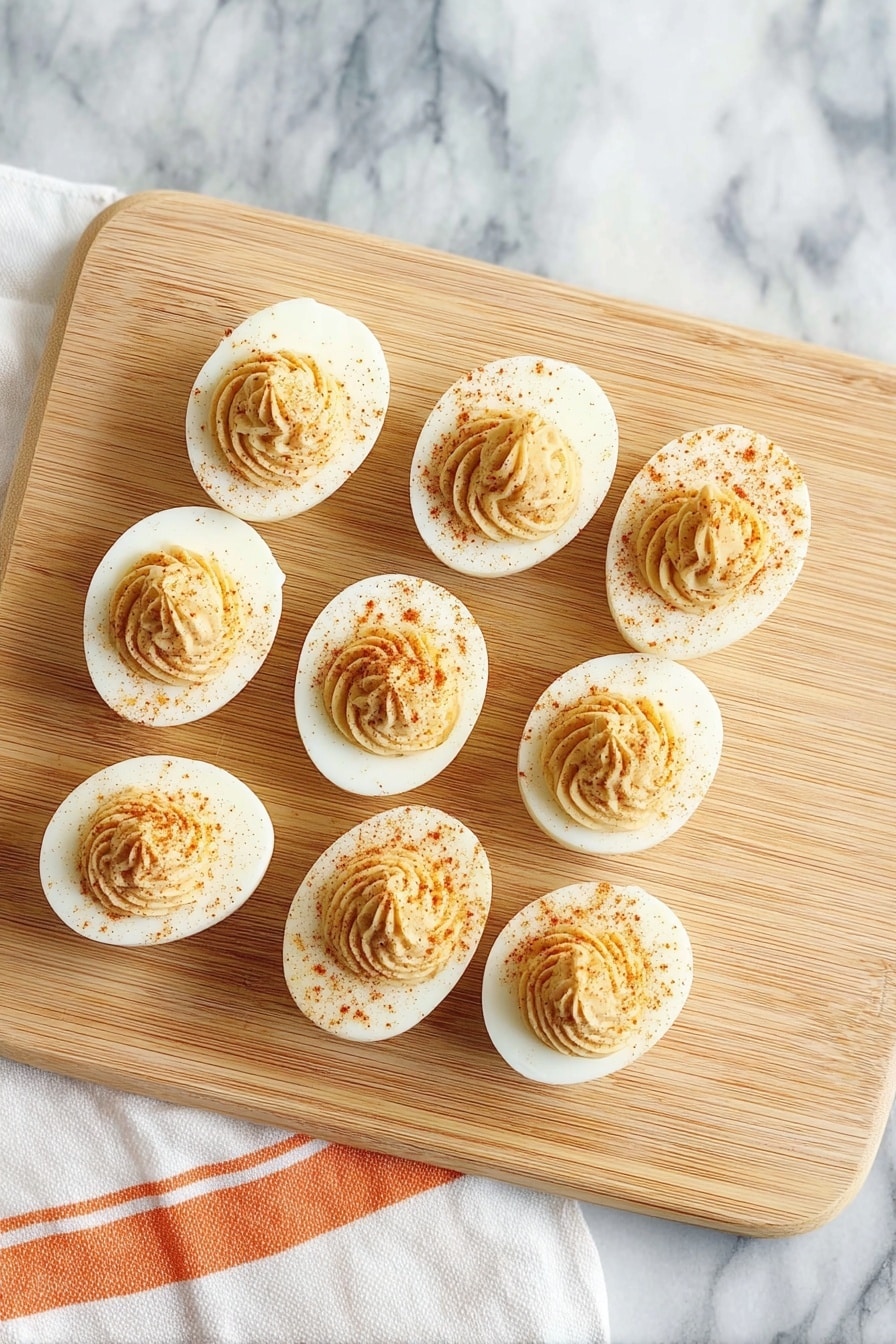 Pumpkin Devilled Eggs, fall deviled eggs recipe, pumpkin appetizer ideas, easy holiday snacks, festive pumpkin snacks - A close-up view of six deviled eggs placed on a wooden board, each egg cut in half showing a smooth white base with a thick layer of light orange, creamy, piped filling on top. The piped filling has a spiral texture, slightly dense and ending in a soft peak. Some brown seasoning is sprinkled lightly over the filling and the egg whites. The background shows soft orange pumpkin shapes on a white marbled surface, blurred out. Photo taken with an iphone --ar 2:3 --v 7