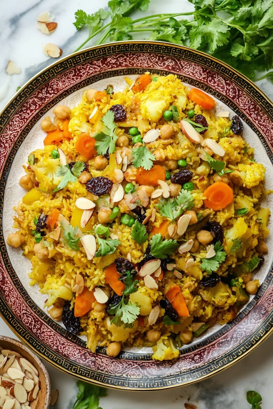 Vegan Biryani, vegan rice dish, plant-based biryani, vegan dinner ideas, easy vegan recipes - A close-up of a decorative plate with a gold and black outer rim, filled with a layered mix of yellow rice, orange carrot slices, chickpeas, small green beans, potatoes, and light yellow cauliflower pieces. The top layer is scattered with dark raisins, sliced almonds, and fresh green cilantro leaves, adding texture and vibrant colors to the dish. The plate is placed on a white marbled surface with some fresh cilantro on the side and a small bowl of sliced almonds visible in the corner. photo taken with an iphone --ar 2:3 --v 7
