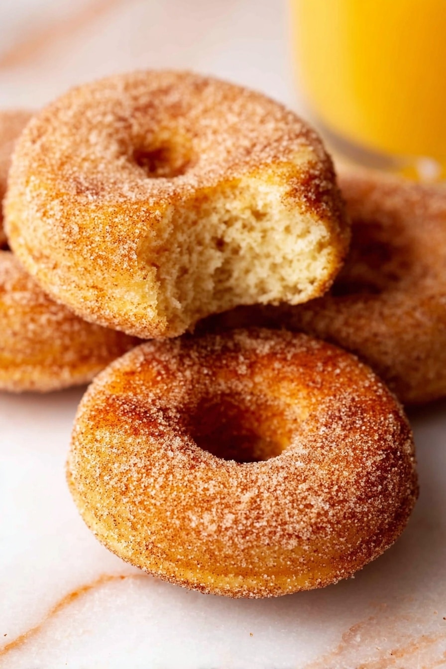 Vegan Apple Cider Donuts, Apple Cider Donuts, Vegan Fall Desserts, Easy Vegan Donut Recipe, Cinnamon Sugar Donuts - The image shows three cinnamon sugar donuts with a light golden brown color and a textured coating of sugar and cinnamon. One donut is in the front with a bite taken out, revealing a soft, fluffy inside with a slightly crumbly texture. The other two donuts are whole and placed closely behind it on a light-colored surface. The background has a white marbled texture, and there is a glass of orange juice visible on the right side of the image. photo taken with an iphone --ar 2:3 --v 7