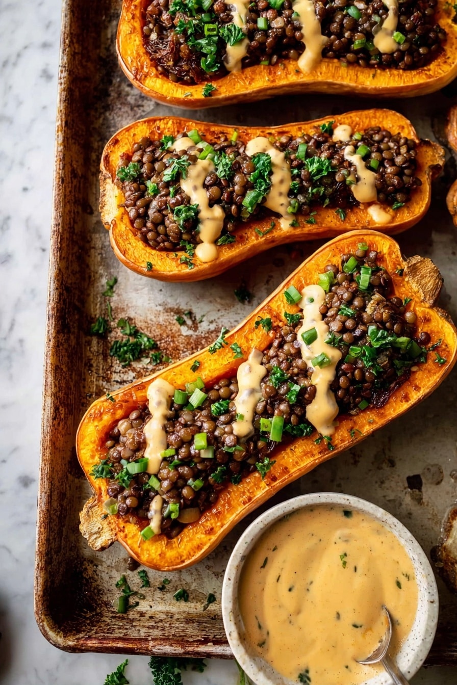 Creamy Lentil Stuffed Butternut Squash with Tahini Sauce, roasted butternut squash with lentils, plant-based stuffed butternut squash, healthy lentil stuffed squash, easy vegan butternut squash recipe - The image shows four halves of roasted butternut squash with a deep orange color and soft texture, each filled with a layer of dark brown lentils mixed with caramelized onions that add a slightly shiny surface. On top, there is a rough drizzle of creamy light beige sauce spread unevenly over the lentils, and small pieces of bright green chopped herbs are scattered on each squash half, adding a fresh contrast. To the right of the squash is a small white bowl filled with the same creamy beige sauce. All the items are placed on a slightly worn baking sheet that rests on a white marbled surface. Photo taken with an iphone --ar 2:3 --v 7