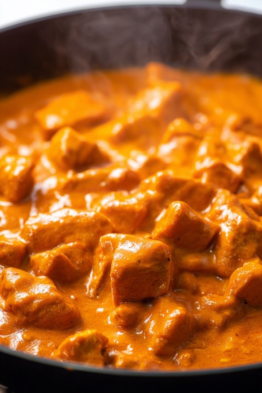 Vegan Butter Chicken, vegan butter chicken recipe, plant-based butter chicken, vegan tofu curry, dairy-free butter chicken - The image shows a close-up of many small, tender pieces of meat covered in thick, smooth orange sauce with a creamy texture, all in a black pan. The meat pieces are irregular shapes, coated evenly in the sauce which looks rich and steaming hot. The background is blurred but shows more of the orange sauce and meat filling the pan, with steam rising gently. The focus is on the center where the meat pieces are clearly visible and glistening from the sauce. photo taken with an iphone --ar 2:3 --v 7
