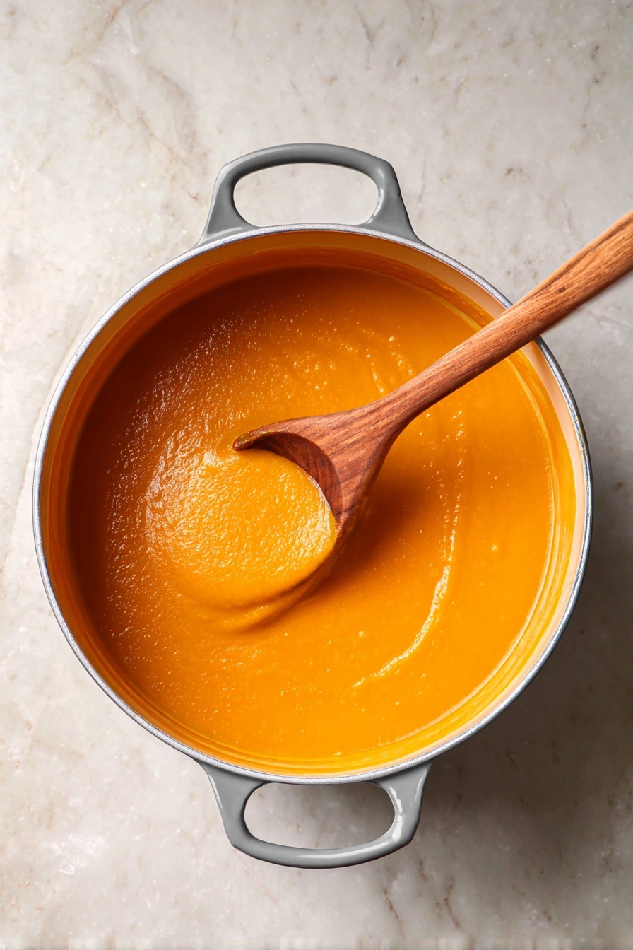 Butternut Squash and Sweet Potato Soup, creamy veggie soup, cozy fall soup, healthy winter soup, easy vegetable soup - The image shows a pot filled with thick orange soup, smooth in texture with small dimples on the surface, indicating creaminess. Inside the pot, a wooden spoon with a long handle is dipped, lifting some soup that shows a consistent orange color and soft, velvety texture. The pot is light gray with metal handles on each side, placed on a white marbled surface. The soup fills the pot almost to the brim, and the lighting highlights the soup’s shiny surface and the wooden spoon’s warm tones. Photo taken with an iphone --ar 2:3 --v 7
