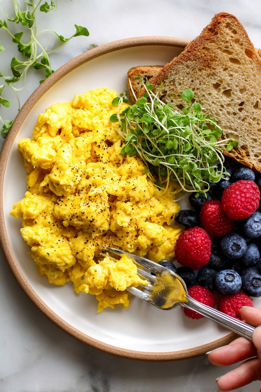 The Best Tofu Scramble, vegan breakfast recipes, healthy tofu scramble, easy plant-based breakfast, protein-packed tofu scramble - A white plate with a large pile of bright yellow scrambled eggs seasoned with black pepper on the left side. On the top right, there is a small bunch of fresh green microgreens with delicate stems and leaves. Next to the greens is a single piece of toasted white bread with a golden brown crust and textured surface. At the bottom right, fresh blueberries and red raspberries are placed together in a small cluster. A silver fork is pressing into the scrambled eggs from the right side, held by a woman's hand. The plate sits on a white marbled surface photo taken with an iphone --ar 2:3 --v 7