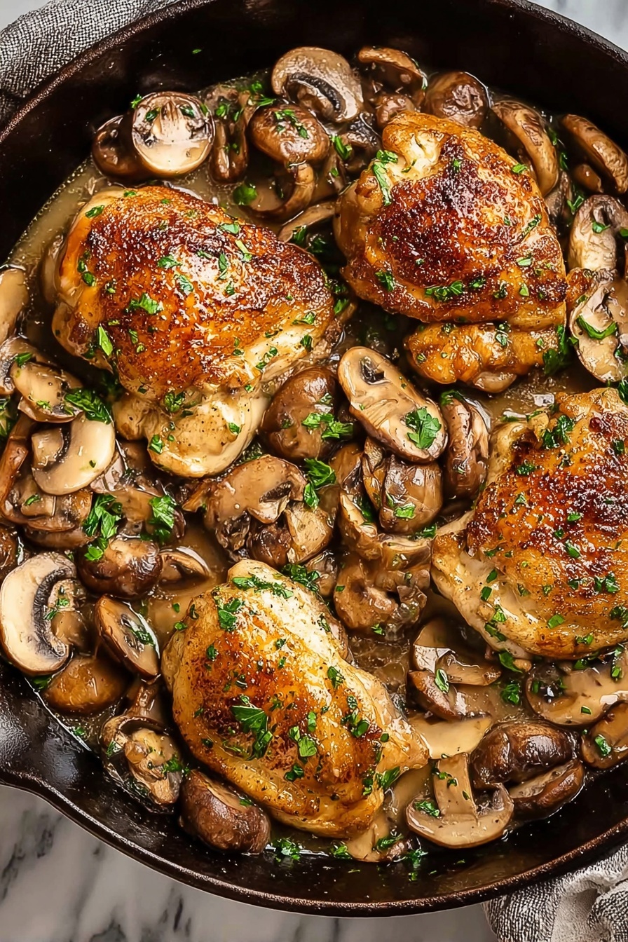 Chicken Marsala, Classic Chicken Marsala, Italian chicken recipes, Mushroom chicken skillet, elegant chicken dinner - A black cast iron pan filled with four golden-brown cooked chicken pieces evenly spaced around the pan. Surrounding and partly on top of the chicken are many light brown mushroom slices with some small pieces of bright green parsley sprinkled over everything. There is a shiny, light brown sauce covering the mushrooms and chicken, giving a moist look to the dish. The surface the pan sits on has a white marbled texture photo taken with an iphone --ar 2:3 --v 7