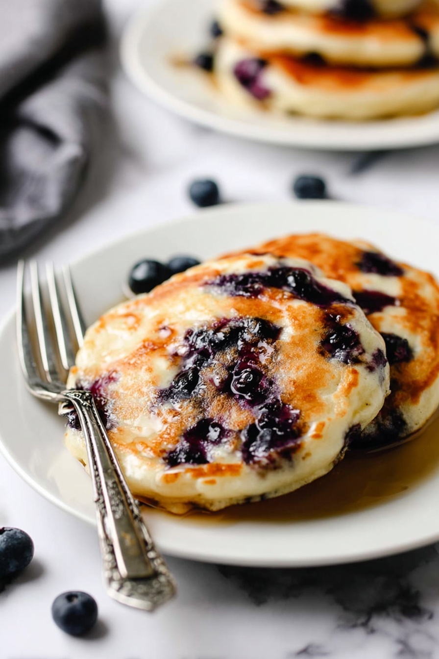 Vegan Blueberry Pancakes, vegan pancake recipe, healthy blueberry pancakes, dairy-free pancakes, fluffy vegan breakfast - A white plate holds two thick pancakes stacked, topped with many dark purple blueberries scattered inside and on top. The pancakes are golden brown with soft, spongy texture showing some small air holes throughout. A silver fork is gently cutting into the top pancake, pulling a soft piece that shows the fluffy inside with more blueberries. A few fresh blueberries rest near the plate on a white marbled surface. In the background, another white plate with pancakes is slightly out of focus. Photo taken with an iphone --ar 2:3 --v 7