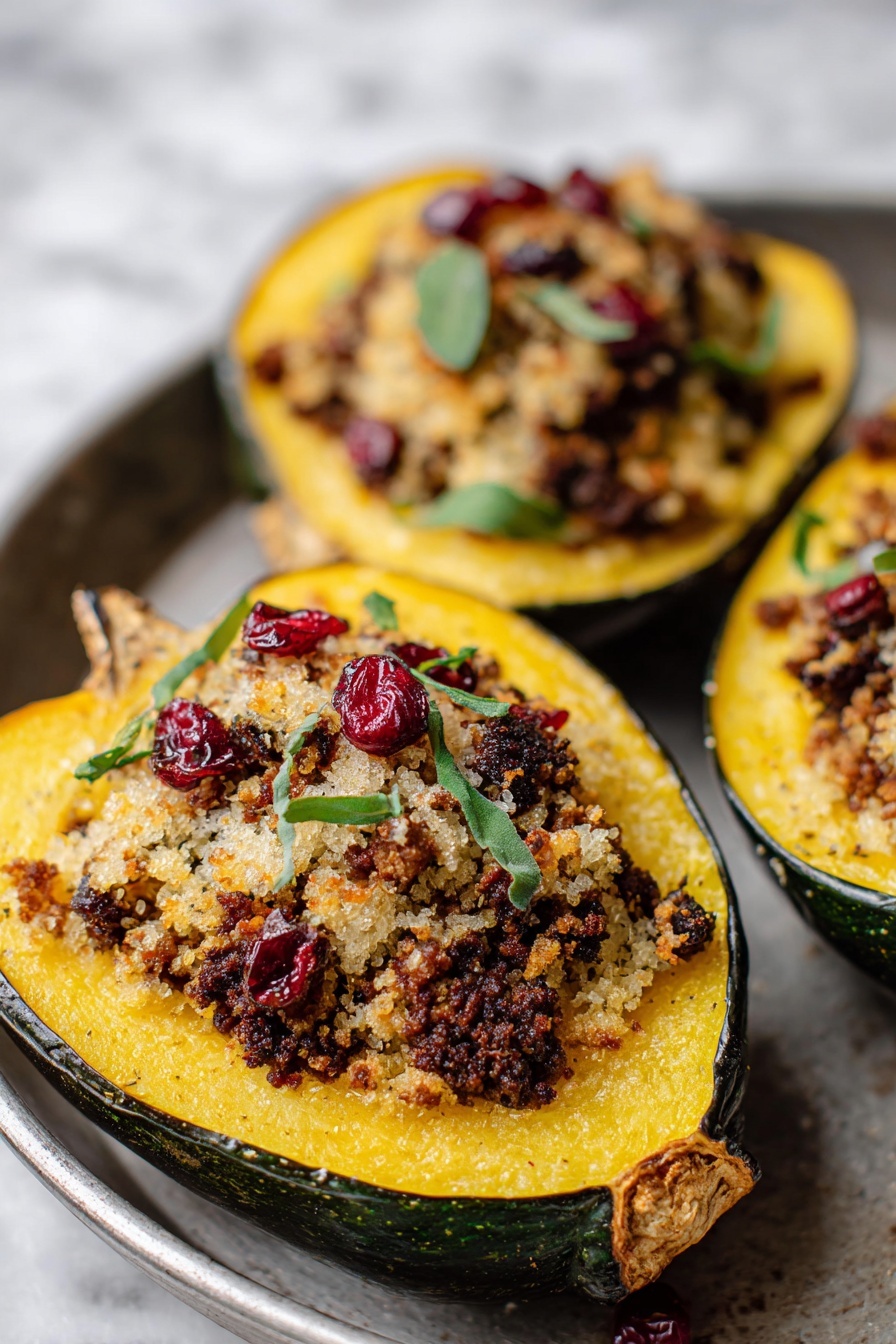 Stuffed Acorn Squash with Turkey, Apples and Cranberries, Fall stuffed squash recipes, Healthy stuffed acorn squash dinner, Cozy autumn squash recipe - The image shows three stuffed squash halves placed on a metal tray over a white marbled surface. Each squash is an outer green shell with a bright yellow interior base layer. On top of this, there is a thick layer of crumbly, toasted breadcrumbs mixed with small browned pieces of filling, which is dark brown and looks textured. Scattered throughout the filling are small, wrinkled red berries and garnished with fresh green herb leaves. The dish has a rough, toasted texture and a warm, inviting color palette of yellow, brown, red, and green. photo taken with an iphone --ar 2:3 --v 7