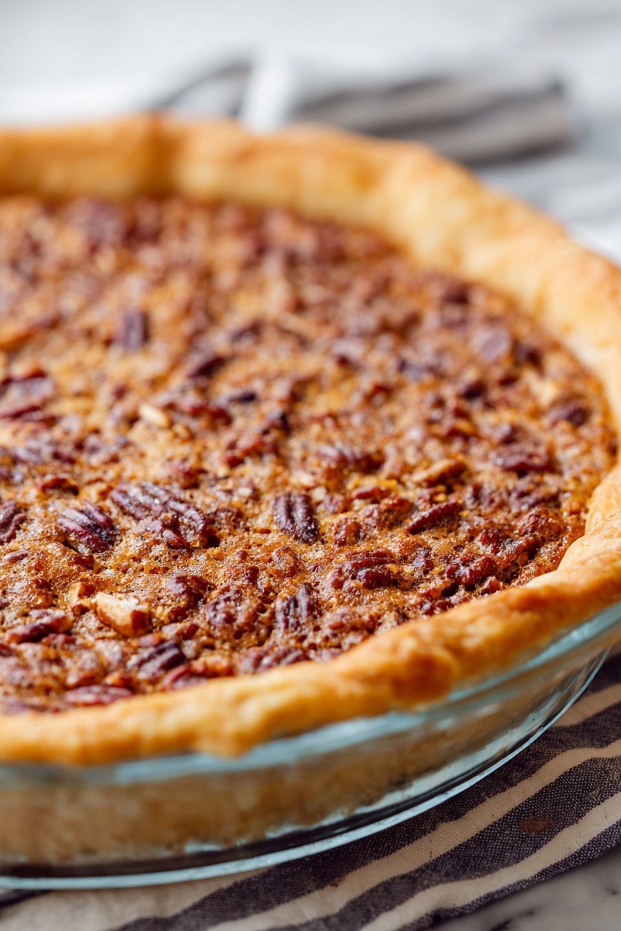 Colonial Innkeeper's Pie, chocolate pie recipes, vintage dessert recipes, nostalgic pie desserts, easy homemade pie recipes - A close-up view of a pecan pie in a clear glass pie dish showing one thick layer of golden-brown filling topped with many small pieces of pecans with a slightly shiny, textured surface. The crust edge is light golden and slightly crimped, visible around the pie. The pie is placed on a white marbled texture with a striped cloth underneath. photo taken with an iphone --ar 2:3 --v 7