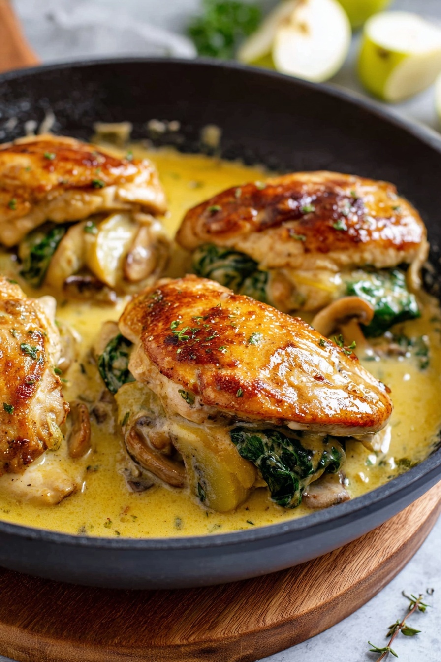 Apple and Brie Stuffed Chicken, stuffed chicken breast recipes, easy chicken breast dinner, elegant chicken dinner ideas, flavorful stuffed chicken - A white plate on a white marbled surface holds a piece of golden brown cooked chicken filled with melted pale yellow cheese and green herb leaves, sliced to show three layers: juicy white chicken meat outside, a middle layer of pale yellow cheese, and a thin layer of green herb inside. Underneath the chicken are thin slices of cooked yellow potatoes arranged in a neat pile. In the background, there is a side of light brown rice, slightly out of focus. A silver fork holds a slice of the stuffed chicken close to the camera. Photo taken with an iphone --ar 2:3 --v 7