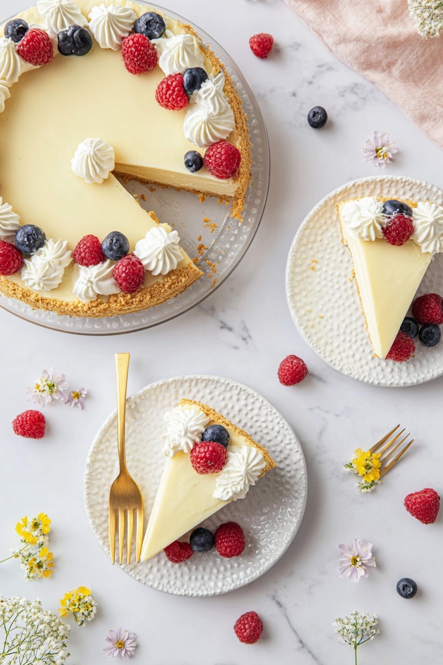 No-Bake Cheesecake with Condensed Milk, no-bake cheesecake recipe, easy cheesecake, creamy dessert, no-bake dessert ideas - A creamy, pale yellow cheesecake with a thick, crumbly golden brown crust sits on a clear glass plate. The cheesecake has a smooth, soft texture and is topped with three swirls of white whipped cream placed along one edge. On top of the whipped cream are fresh red raspberries and dark blue blueberries, adding bright color contrast. Two slices of the cheesecake are served on white plates with a textured surface; each slice is also decorated with two dollops of whipped cream and scattered berries. One slice is accompanied by a gold fork resting on the plate. The setup is on a white marbled surface sprinkled with extra berries and small flowers around the plates. Photo taken with an iphone --ar 2:3 --v 7