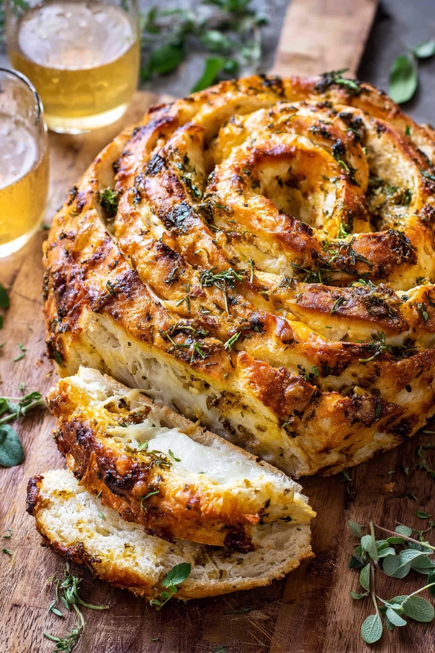 Garlic Herb Cheddar Cheese Bread, cheesy garlic bread recipe, savory bread with herbs and cheddar, homemade cheesy herbed bread, easy garlic cheese bread - A round loaf of cheese bread is sliced into thick pieces, showing a soft white inside with swirled orange cheese within the layers. The top crust is golden brown, sprinkled with herbs, melted cheese, and small green leaves. The bread rests on a wooden surface with two glasses of light beer in the background, and fresh green herbs are placed nearby. Photo taken with an iphone --ar 2:3 --v 7