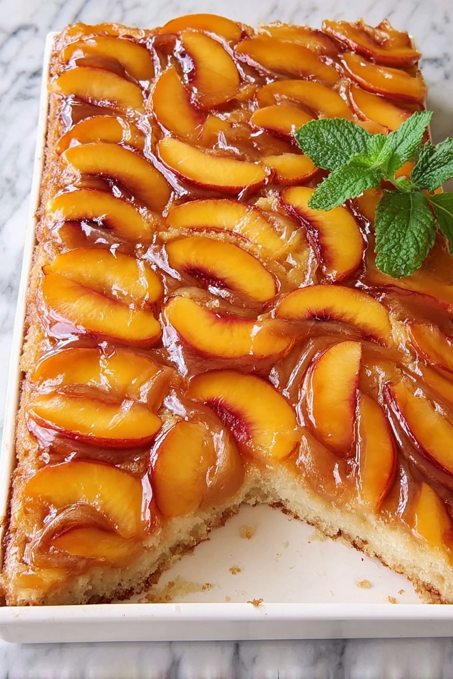 Peach Upside-Down Cake, Peach Cake Recipe, Summer Fruit Desserts, Caramelized Peach Cake, Easy Peach Dessert - The image shows a peach upside-down cake cut into squares on a white plate placed on a white marbled surface. The cake has a golden-brown base that looks moist and soft with a slight crumb texture. On top of the cake lies a layer of neatly arranged peach slices that are vibrant orange and glossy, covered in a shiny caramel glaze. A black-handled spatula holds one square piece of the cake, slightly lifted from the plate, showing the thick peach topping and the textured cake underneath. The colors are warm and inviting, with the light reflecting off the glossy peach layer. photo taken with an iphone --ar 2:3 --v 7