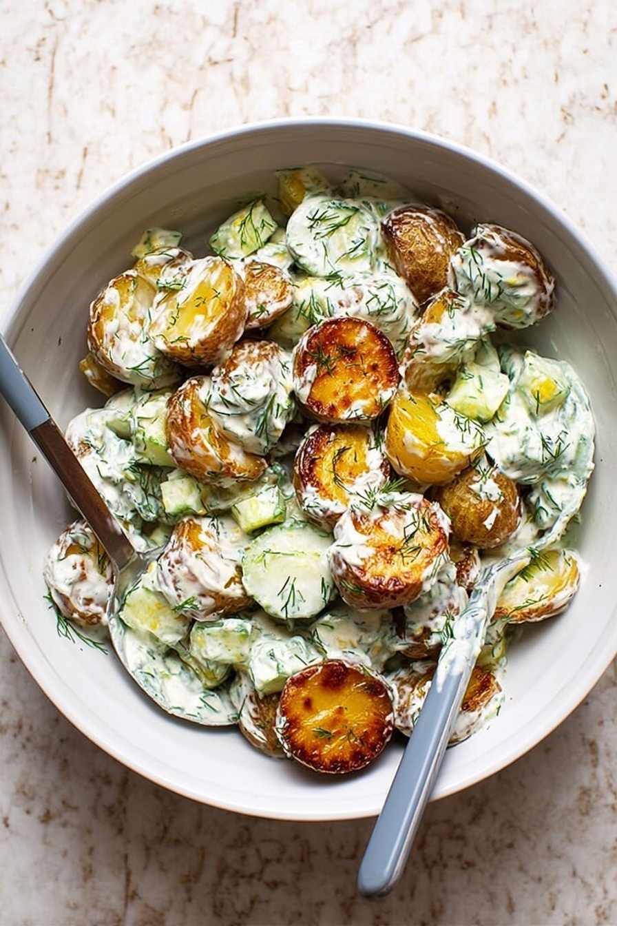 Smashed Potato Salad with Yogurt Dressing, healthy potato salad recipes, fresh fruit and vegetable salads, easy summer potato salad, flavorful potato salad ideas - The image shows a white bowl filled with crispy roasted potato slices that have a golden-brown color and slightly crunchy texture. These potatoes are mixed with a creamy, white sauce that has green herbs like dill sprinkled throughout. Small chunks of light green cucumber and some green herbs are visible mixed evenly in the sauce, giving the dish a fresh look. Two spoons with gray handles rest inside the bowl on either side, partially covered with the sauce and potato mix. The bowl is placed on a white marbled surface. photo taken with an iphone --ar 2:3 --v 7