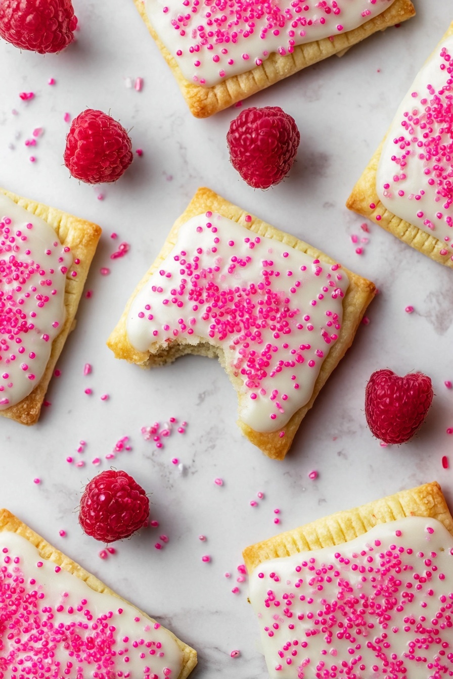 Raspberry Pop Tarts with Vanilla Icing, homemade raspberry pop tarts, flaky fruit-filled breakfast pastry, easy homemade pop tarts, vanilla icing for pastries - Multiple square pastries with a golden-baked crust are scattered on a white marbled surface, each topped with smooth white icing sprinkled generously with bright pink sugar crystals. One pastry in the center has a small bite taken out of its corner, revealing a soft filling inside. Around the pastries, several fresh red raspberries are placed as decoration. The image is bright and clean, showing the different textures on the pastries and icing clearly photo taken with an iphone --ar 2:3 --v 7