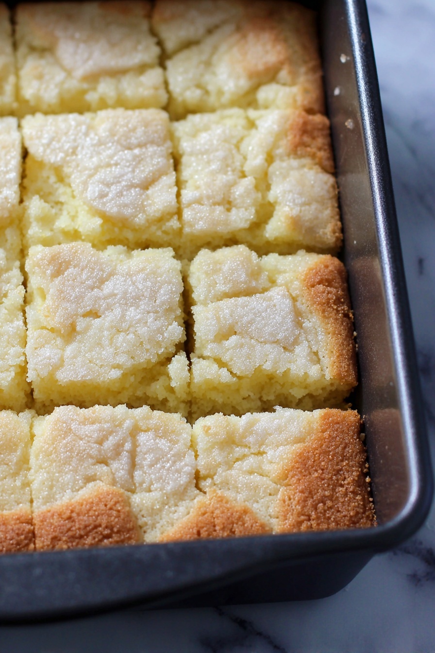 Fluffy French Butter Cake, French Butter Cake Recipe, Easy French Cake, Tender Butter Cake, French Dessert - A close-up view of a rectangular black baking pan filled with a light yellow baked cake that has been scored into 12 square pieces. The cake has a crumbly, slightly cracked top layer with a sugar-like texture, revealing a soft, moist inner layer beneath. The edges of the cake are slightly browned, contrasting with the pale center. The pan is set against a white marbled background. photo taken with an iphone --ar 2:3 --v 7