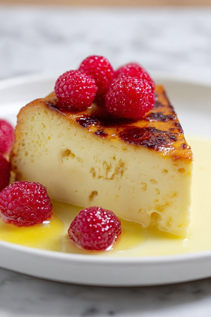 Custard Bread Pudding with Vanilla Sauce, vanilla bread pudding dessert, easy bread pudding with custard, comforting bread pudding recipe, homemade bread pudding with vanilla sauce - A thick slice of creamy yellow custard-like cake with a browned, slightly charred top layer sits in the center of a white plate. The top layer is smooth and shiny with a caramelized texture. Several bright red raspberries with tiny droplets of moisture rest on top and around the cake. A light yellow sauce pools around the base, adding a glossy finish to the dish. The plate is placed on a white marbled surface. photo taken with an iphone --ar 2:3 --v 7