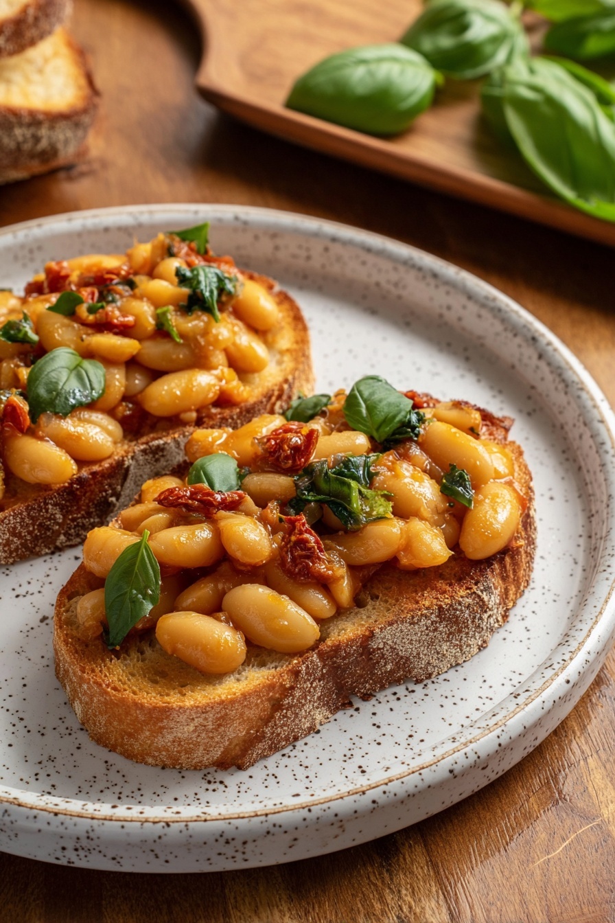 Vegan Butter Beans in Sun-Dried Tomato Sauce, vegan bean recipes, plant-based comfort food, easy vegan dinner ideas, dairy-free bean dishes - The image shows two pieces of toasted bread placed side by side on a white speckled plate. On top of each piece of bread is a layer of large, light yellow beans mixed with chopped sun-dried tomatoes, small bits of onion, and garnished with fresh green basil leaves. The beans have a soft texture and are slightly glossy, suggesting they are cooked with some oil or sauce. The basil leaves add a fresh, green contrast to the warm colors of the beans and tomatoes. The plate sits on a wooden table, and a wooden dish with more fresh basil leaves is partially visible in the background. photo taken with an iphone --ar 2:3 --v 7