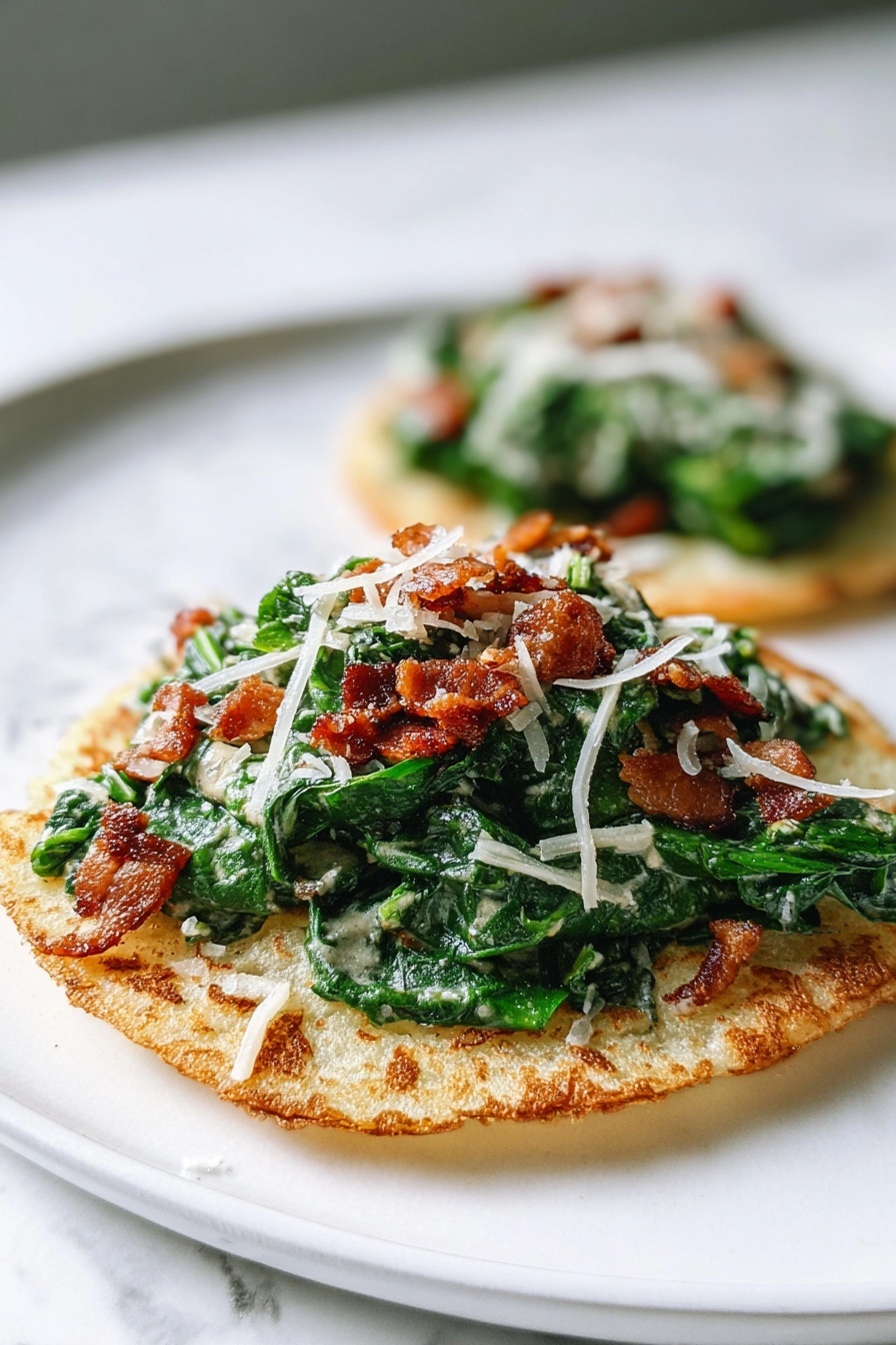 Smash Chicken Caesar Tacos, chicken Caesar tacos, easy taco recipes, weeknight dinner ideas, crispy chicken tacos - The image shows two flat round corn cakes placed on a white plate with a white marbled texture surface. Each cake has a golden-brown crispy crust and a slightly soft inside. On top of each cake is a generous pile of creamy green spinach leaves mixed with small pieces of crispy, brown bacon bits scattered throughout. Thin shreds of white cheese are sprinkled evenly over the spinach and bacon mix. The focus of the image is on the closest cake, with the second one slightly blurred in the background. Photo taken with an iphone --ar 2:3 --v 7