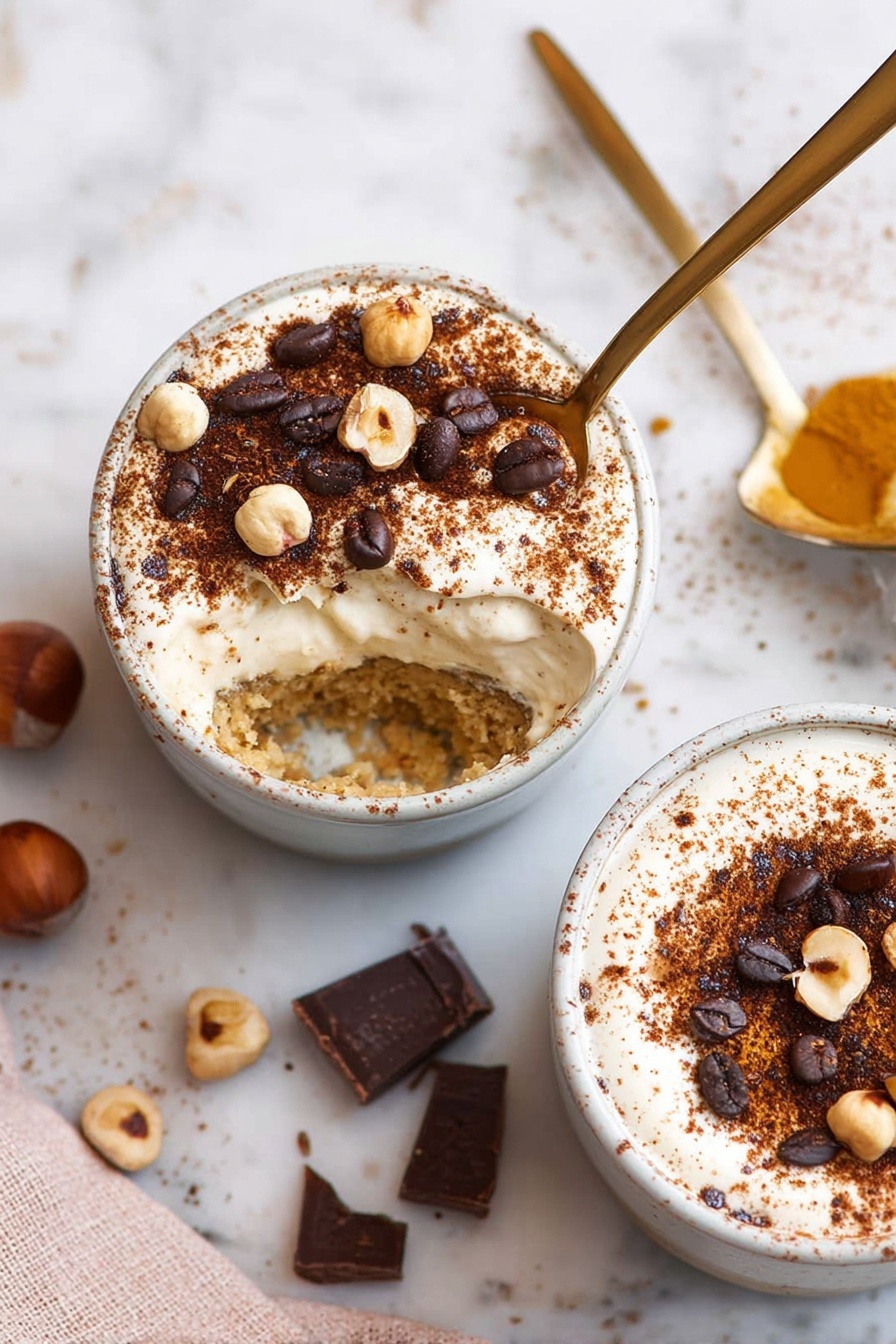 Easy Mascarpone Tiramisu Cups, mascarpone tiramisu individual servings, quick tiramisu dessert, no-bake tiramisu cups, Italian tiramisu with mascarpone - The image shows five glass cups filled with a creamy, light beige dessert topped with a layer of sprinkled cocoa powder and dark chocolate curls, creating a textured and slightly swirled surface. Each cup has a frothy, airy cream layer on top, while the lower part appears smooth and dense. A white coffee cup filled with dark brown espresso is placed to the right side, partially visible. Scattered dark brown coffee beans and uneven chocolate pieces are placed around the cups on a white marbled surface. Two light brown ladyfinger biscuits lie near the bottom right, and a fine metal sieve with some cocoa powder and coffee beans rests on the left side. There is also a beige linen cloth on the upper left corner. Photo taken with an iphone --ar 2:3 --v 7