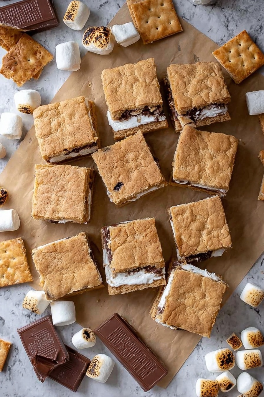 S'mores Cookie Bars, s'mores dessert bars, easy s'mores bars, campfire-inspired cookie bars, marshmallow chocolate bars - The image shows a dozen square s'mores bars arranged on brown parchment paper, placed on a white marbled surface. Each bar has three visible layers: a light golden brown, slightly cracked cookie-like top layer, a middle white soft marshmallow layer, and a bottom layer similar in color and texture to the top. Around the bars are broken pieces of crispy white graham crackers, small toasted marshmallows with dark brown burnt spots, and sections of milk chocolate blocks with the Hershey’s brand visible. The overall look is warm and inviting with a mix of soft and crunchy textures. photo taken with an iphone --ar 2:3 --v 7