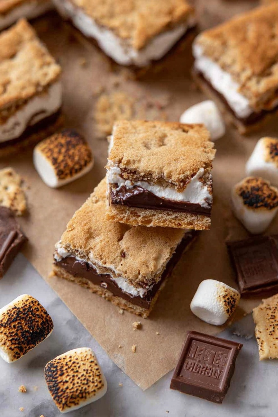 S'mores Cookie Bars, s'mores dessert bars, easy s'mores bars, campfire-inspired cookie bars, marshmallow chocolate bars - The image shows a stack of three s'mores bars with three clear layers in each piece. The top and bottom layers are golden brown, crumbly cookie crust with a slightly rough texture. The middle layer is thick and creamy with a bright white marshmallow filling. Between the marshmallow and cookie layers is a rich, smooth, dark brown chocolate layer. The stack sits on a white marbled surface, with the background softly blurred to keep focus on the dessert. Photo taken with an iphone --ar 2:3 --v 7