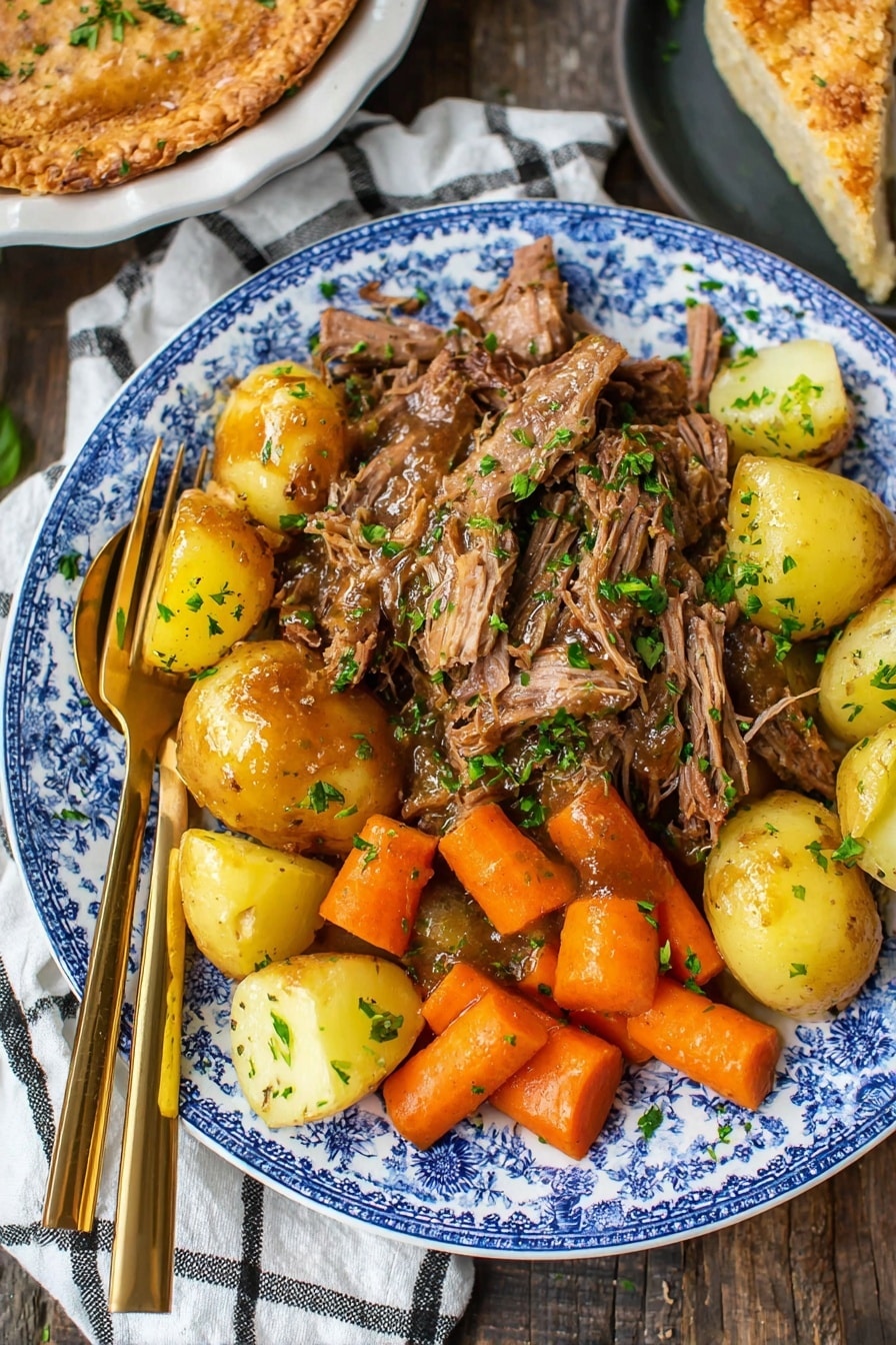 Slow Cooker Pot Roast with Root Vegetables and Herb Gravy, hearty beef stew, easy slow cooker dinner, cozy family meal, flavorful roast with vegetables - A white plate with blue floral patterns holds a layered dish: the bottom layer is golden-yellow chunks of boiled potatoes scattered around the middle and sides; the next layer is bright orange carrot pieces placed mostly along one side; and the top layer is a large pile of shredded, brown cooked meat glistening with sauce, sprinkled with small green herb bits. Two golden serving utensils with open handles rest on the left side of the plate. The plate is on a dark wood surface with a white and black checkered cloth nearby, and a slice of pie with a light brown crust and creamy filling is partly visible to the right. photo taken with an iphone --ar 2:3 --v 7