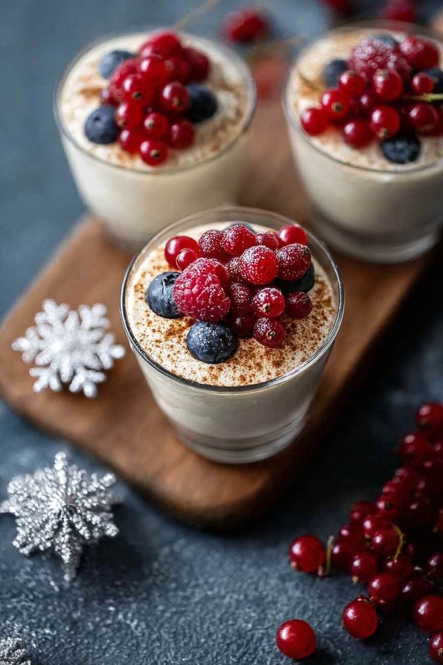 No Bake EggNog Berry Cheesecakes, festive no bake cheesecakes, easy holiday dessert recipe, eggnog cheesecake parfaits, berry cheesecake dessert - Three clear glass cups each hold a creamy white dessert topped with a dusting of cinnamon and a cluster of fresh red raspberries, dark blueberries, and red currants. The dessert looks soft and smooth, forming the base layer under the fruits. Two cups sit on a wooden board, while the third is placed directly on a dark textured surface, scattered with extra red currants nearby. A shiny white snowflake decoration is visible on the left side of the image. The scene is bright with soft natural light coming from the side. photo taken with an iphone --ar 2:3 --v 7