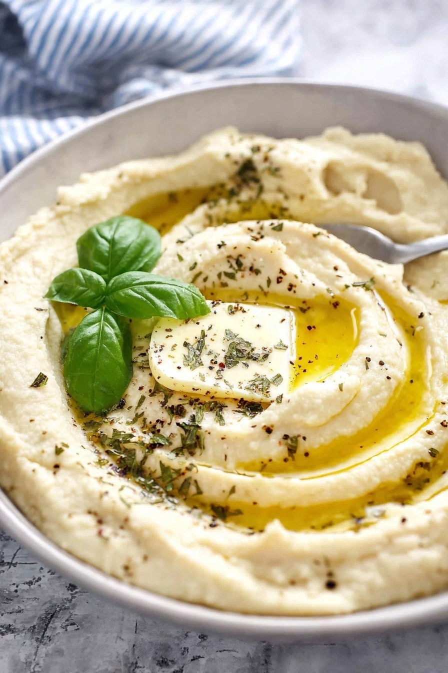 Cheesy Baked Mashed Potatoes, cheesy baked mashed potatoes, creamy cheesy mashed potatoes, baked potato side dish, comfort food mashed potatoes - A close-up view of a white bowl filled with creamy hummus forming soft swirls, with a pool of golden olive oil settled on one side. On top, a square pat of butter melts slowly, sprinkled with dried herbs and small dark specks scattered across the hummus. Fresh basil leaves add a bright green color, with one leaf holding a small amount of dried seasoning. The bowl sits on a white marbled surface with a blurred blue and white striped cloth in the background, and a spoon partially visible in the hummus. Photo taken with an iphone --ar 2:3 --v 7