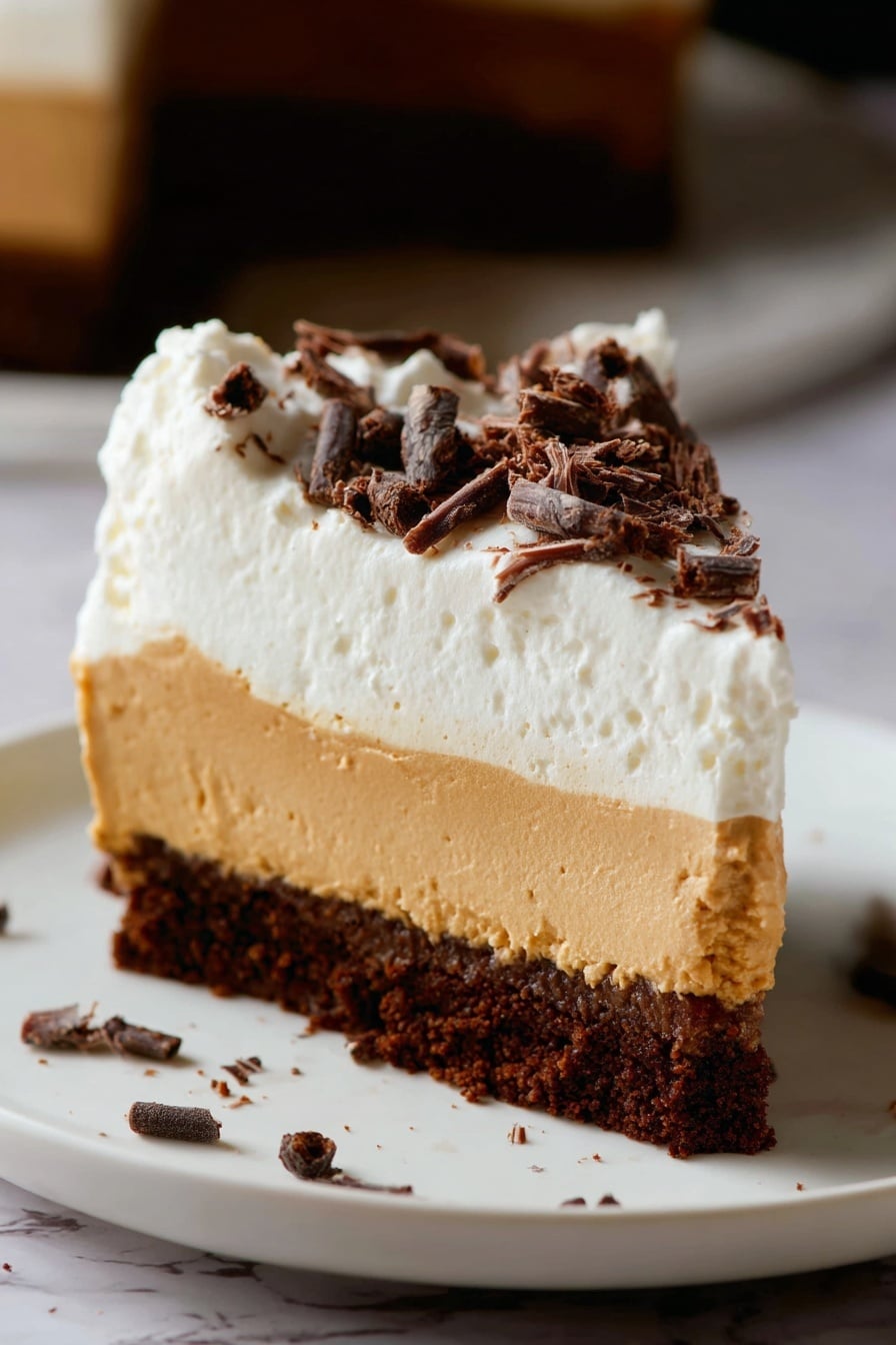 Chocolate Pumpkin Cheesecake with Bourbon Whipped Cream, pumpkin cheesecake with chocolate and bourbon, fall dessert recipes, creamy pumpkin cheesecake, decadent chocolate pumpkin dessert - A slice of layered dessert is shown on a white plate with a white marbled surface background. The bottom layer is dark brown and crumbly, resembling a cookie crust. Above that is a smooth, light brown creamy layer, about the same thickness as the top layer. The top layer is thick and white, fluffy in texture, and crowned with dark brown chocolate shavings scattered on top. Small chocolate shavings are also scattered around the plate. Photo taken with an iphone --ar 2:3 --v 7
