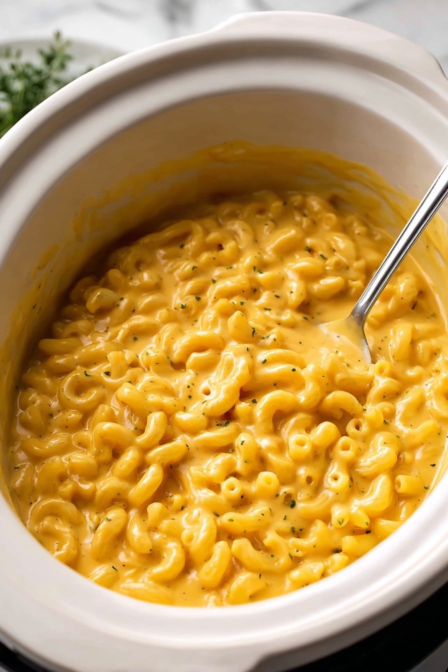 Crock Pot Mac and Cheese, easy slow cooker mac and cheese, cheesy crockpot recipes, creamy slow cooker pasta, beginner-friendly crockpot dinner - The image shows a white slow cooker filled with creamy macaroni and cheese. The dish has one layer of curved elbow pasta coated in a smooth, bright orange-yellow cheese sauce that looks thick and velvety. A silver spoon is partially submerged among the pasta, resting near the edge of the slow cooker. The background has a white marbled texture with some green herbs blurred in the upper corner. photo taken with an iphone --ar 2:3 --v 7