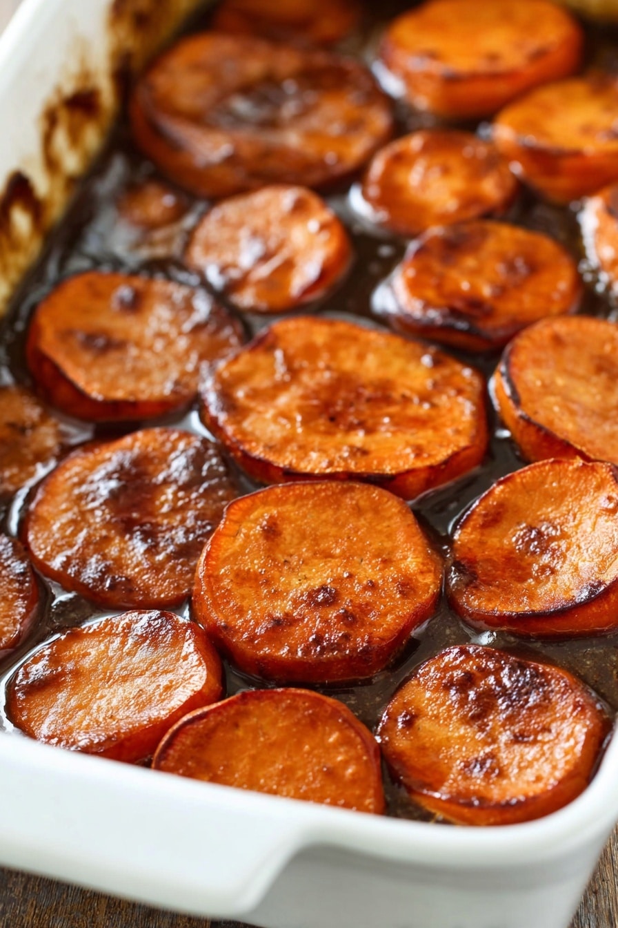 Southern Candied Yams, Soul Food Yams, Candied Yams Recipe, Sweet Potato Side Dish, Holiday Yams - The image shows a white ceramic baking dish filled with soft cooked sweet potatoes cut into round slices. The sweet potatoes are covered in a glossy dark brown syrupy sauce that pools around them. The slices have a slightly shiny, caramelized surface with some darker roasted spots. The white marbled surface is slightly visible at the edges around the dish. The warm orange and brown colors of the sweet potatoes and syrup stand out clearly. Photo taken with an iphone --ar 2:3 --v 7