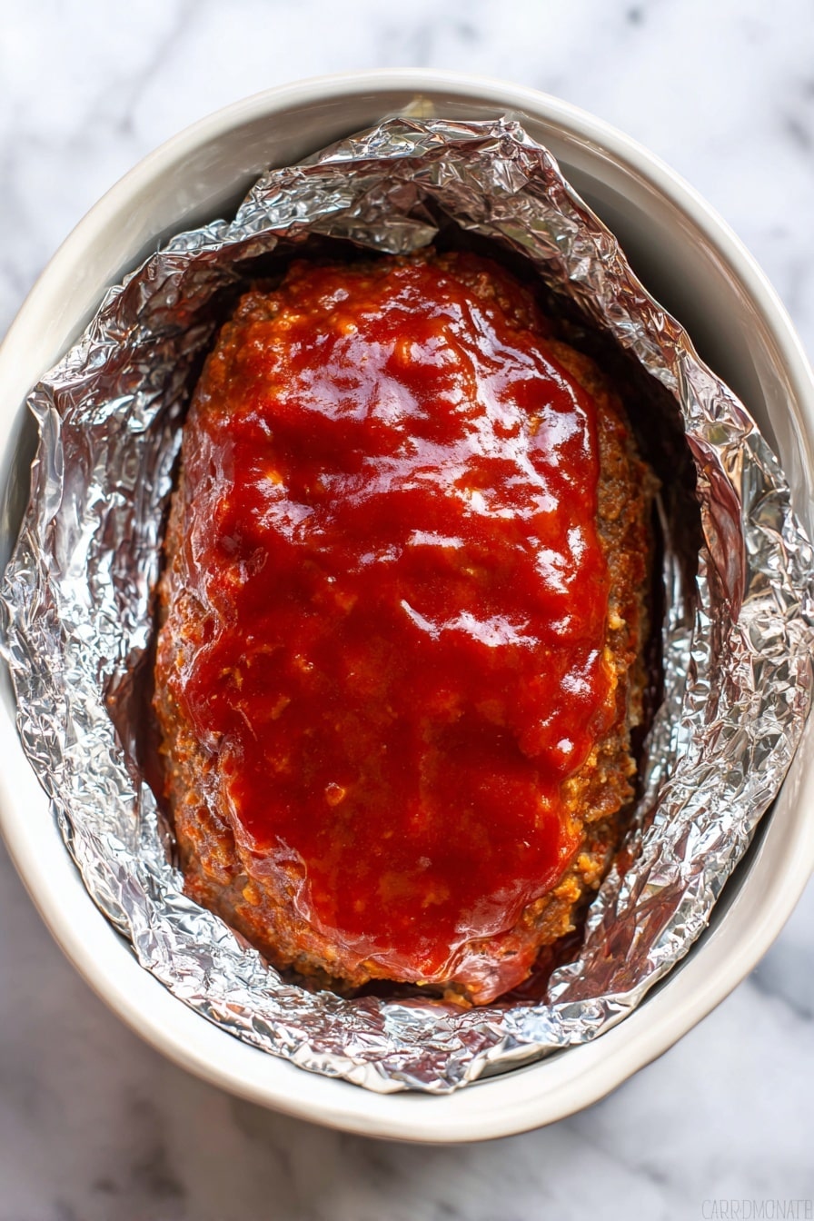 Crockpot Meatloaf with Parmesan and Sweet Glaze, slow cooker meatloaf, easy meatloaf recipe, savory Parmesan meatloaf, sweet glaze meatloaf - A shiny, thick layer of bright reddish-brown sauce covers a large oval-shaped meatloaf placed inside a white slow cooker lined with silver aluminum foil on the sides; the meatloaf has a slightly rough, uneven texture visible beneath the smooth sauce, and the foil peeks out from underneath the edges. The scene is set on a white marbled surface. photo taken with an iphone --ar 2:3 --v 7