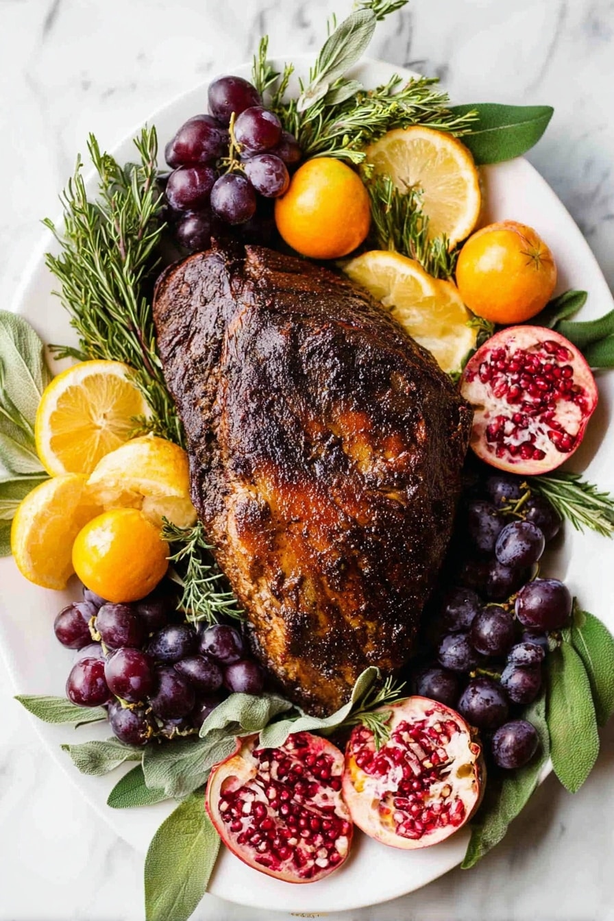 Perfect Smoked Turkey Breast, smoked turkey breast recipe, juicy smoked turkey, tender smoked turkey, smoky turkey dinner - A white rectangular plate holds several slices of browned roasted turkey with crispy skin on top and tender white meat underneath, arranged in a slightly overlapping way. Around the turkey are thin orange slices and fresh green herbs like rosemary and sage. A pomegranate half with deep red seeds and a quarter piece rest on the plate, adding bright red and pink colors. Scattered small dark and red berries fill spaces between the turkey and fruit. The plate sits on a white marbled surface. Photo taken with an iphone --ar 2:3 --v 7