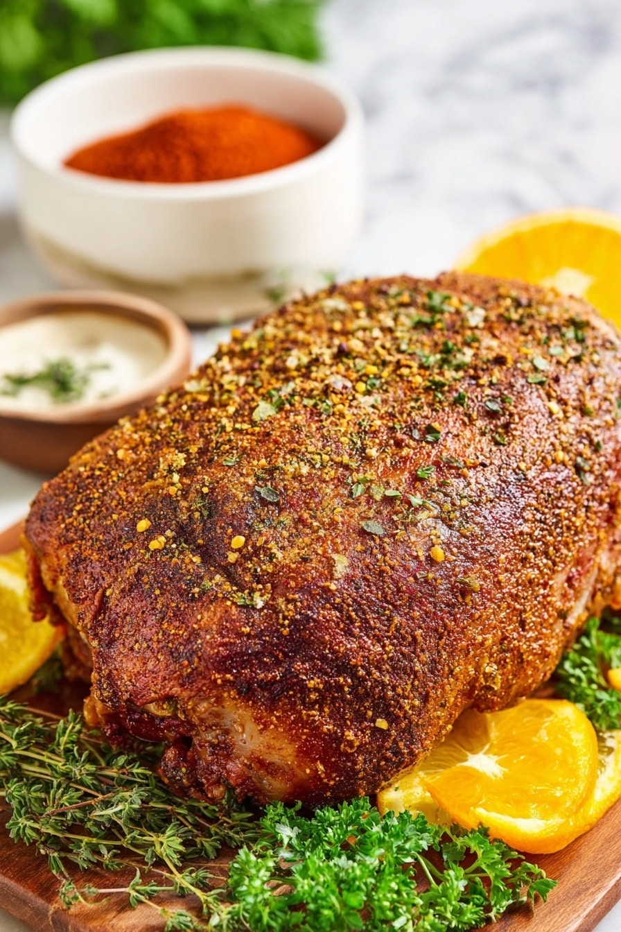 Cajun Butter Smoked Turkey Breast, smoked turkey breast recipe, Cajun turkey grilled, flavorful smoked turkey, spicy turkey breast - A large piece of cooked meat with a brown, seasoned crust sits in the center on a wooden board, sprinkled with small green herb bits. Around the meat are fresh green herbs and bright orange slices, adding color and freshness. In the background, there is a white bowl filled with bright red spice. The surface is a white marbled texture under soft natural light. Photo taken with an iphone --ar 2:3 --v 7