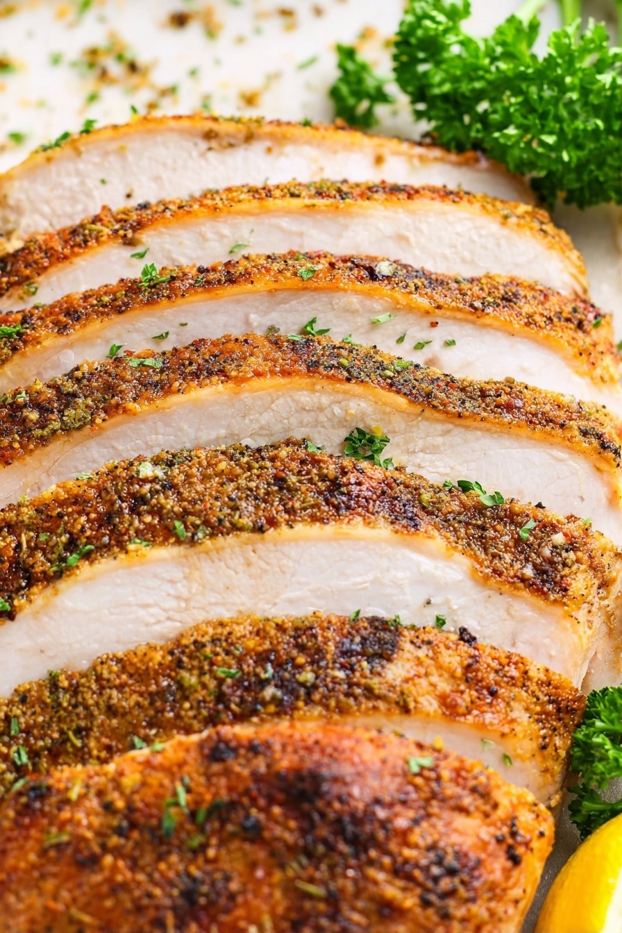 Cajun Butter Smoked Turkey Breast, smoked turkey breast recipe, Cajun turkey grilled, flavorful smoked turkey, spicy turkey breast - The image shows a sliced cooked turkey with eight visible thick slices arranged neatly side by side. Each slice has a light golden brown crispy skin with visible black pepper and herb seasonings on top, and the meat inside is white and moist. Behind the turkey slices, there is a white marbled surface with a sprinkle of green herbs and a small bunch of fresh green parsley for garnish. On the far right edge, a small part of a lemon slice is visible. Photo taken with an iphone --ar 2:3 --v 7