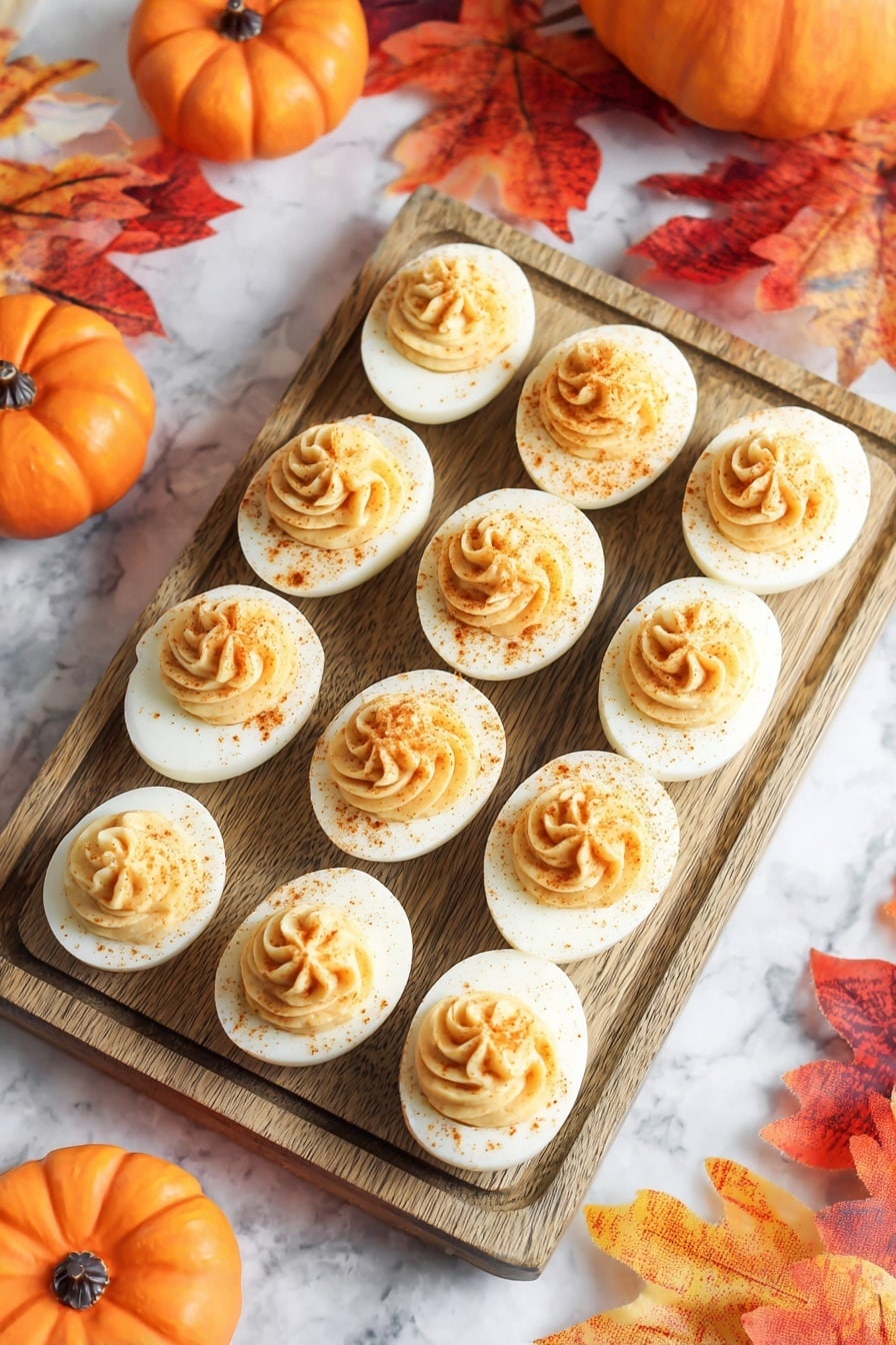 Pumpkin Devilled Eggs, fall deviled eggs recipe, pumpkin appetizer ideas, easy holiday snacks, festive pumpkin snacks - Nine deviled egg halves are placed in a 3 by 3 pattern on a light wooden cutting board. Each half has a smooth, white egg white base topped with a neatly swirled, light brown creamy filling, sprinkled lightly with a dusting of paprika. The board rests on a white marbled surface and has a white and orange striped cloth partially visible at the bottom corner. Photo taken with an iphone --ar 2:3 --v 7